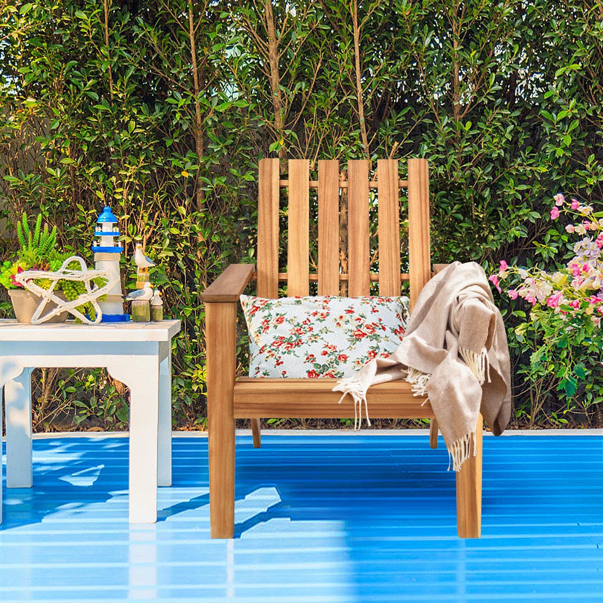 KOMFOTTEU Adirondack - Sedia da giardino in legno di acacia, con schienale e braccioli, ergonomica, da giardino fino a 160 kg, per balcone, giardino, spiaggia (naturale)