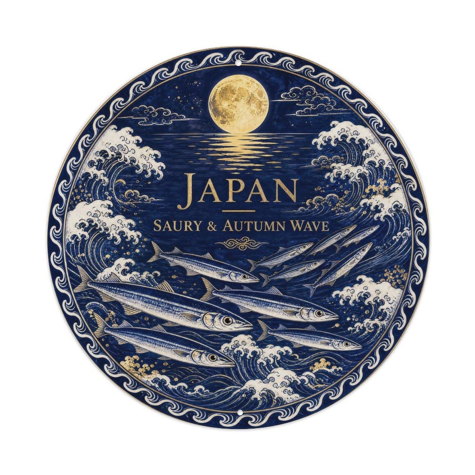 Olyhtr 8X8inch Classic Style Arita Japan Saury Wave Ceramic Folk Pattern Metal Tin Sign