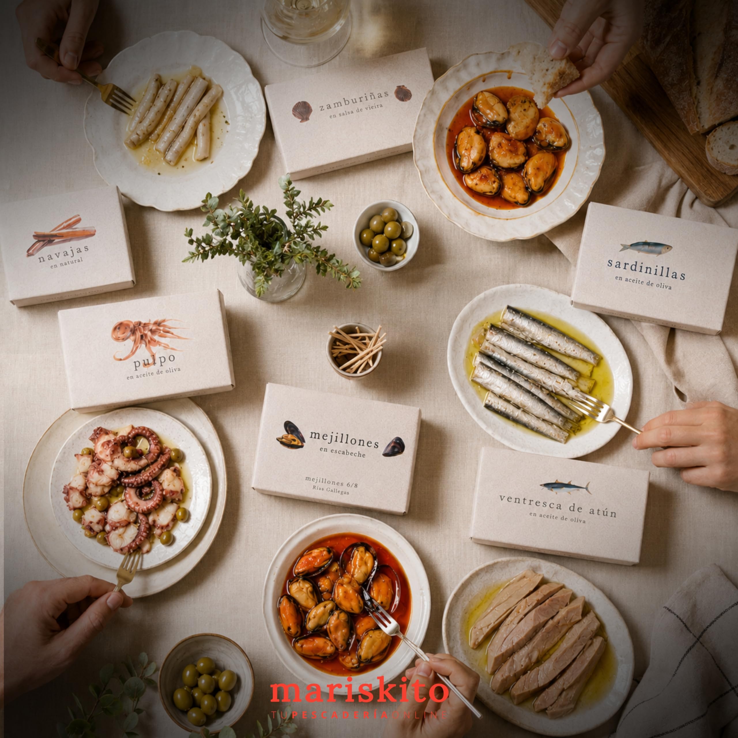MARISKITO | Pack Conservas Gourmet Gallegas “La Mar de Sensaciones” – Caja Regalo - 6 Conservas Premium – Mejillones, Pulpo, Navajas, Zamburiñas, Ventresca y Sardinillas – Estuche Delicatessen