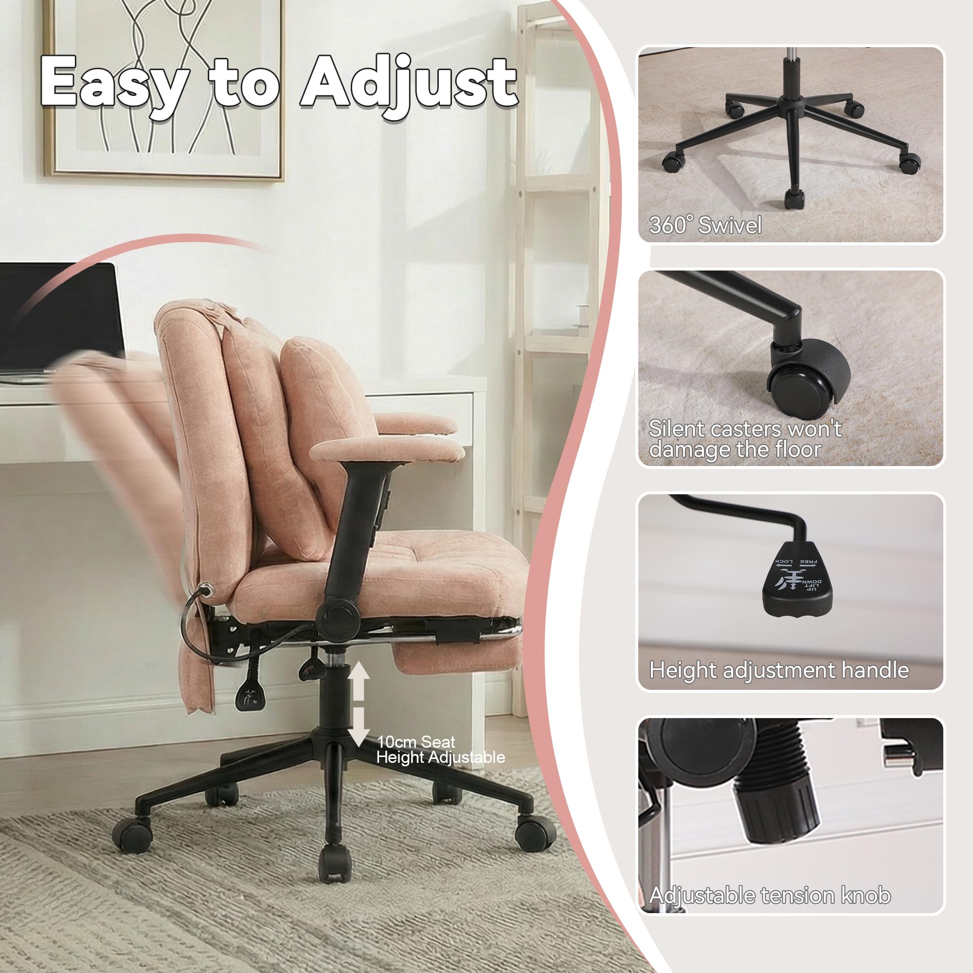 EBELLO Homeoffice Stuhl, Drehstuhl, Schreibtischstuhl mit Fußstütze höhenverstellbar Tragfähigkeit 150kg Gaming Stuhl mit Armlehnen Rollen, für Arbeitszimmer, Rosa