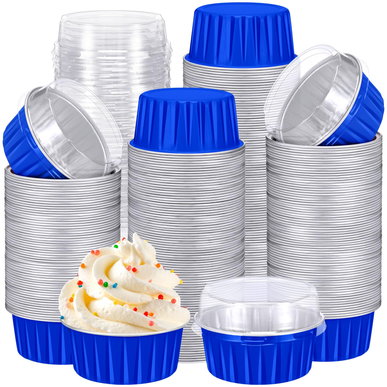 Gejoy 400 moldes desechables con tapas, moldes de papel de aluminio para hornear, 5 onzas, mini forros para cupcakes, moldes para magdalenas, molde para magdalenas, postre para Navidad, boda, fiesta