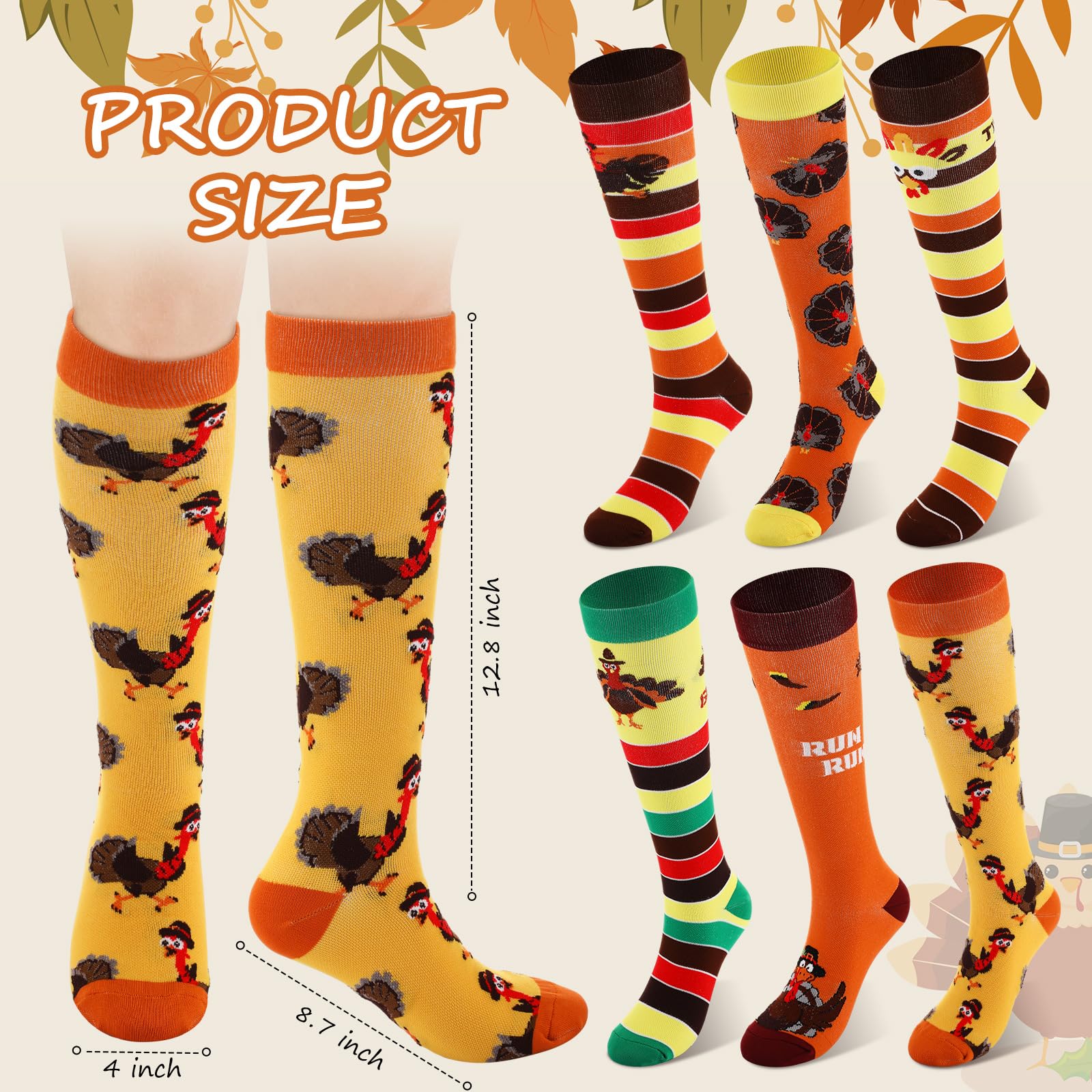 Xtinmee 12 pares de calcetines para correr de Acción de Gracias, calcetines de pavo para mujer, calcetines altos hasta la rodilla con rayas, calcetines de pavo para correr para mujeres y hombres,