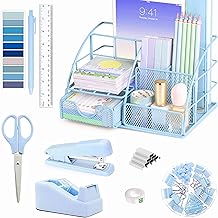 Blue Office Desk Accessories Supplies, 11pcs Set with Tape Dispenser, Stapler, Mesh Organizer, Scissor, Ruler, Sticky Tabs, Ballpoint Pen, Clips Set