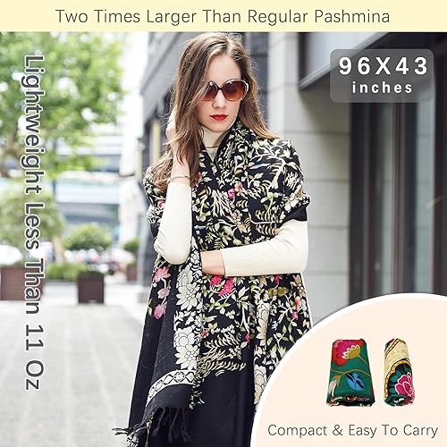 Miniatura 6 de DANA XU Bufanda de manta pashmina extra grande de lana merina 100% para mujer, chal de cachemira para viajes, bufanda floral para otoño e invierno