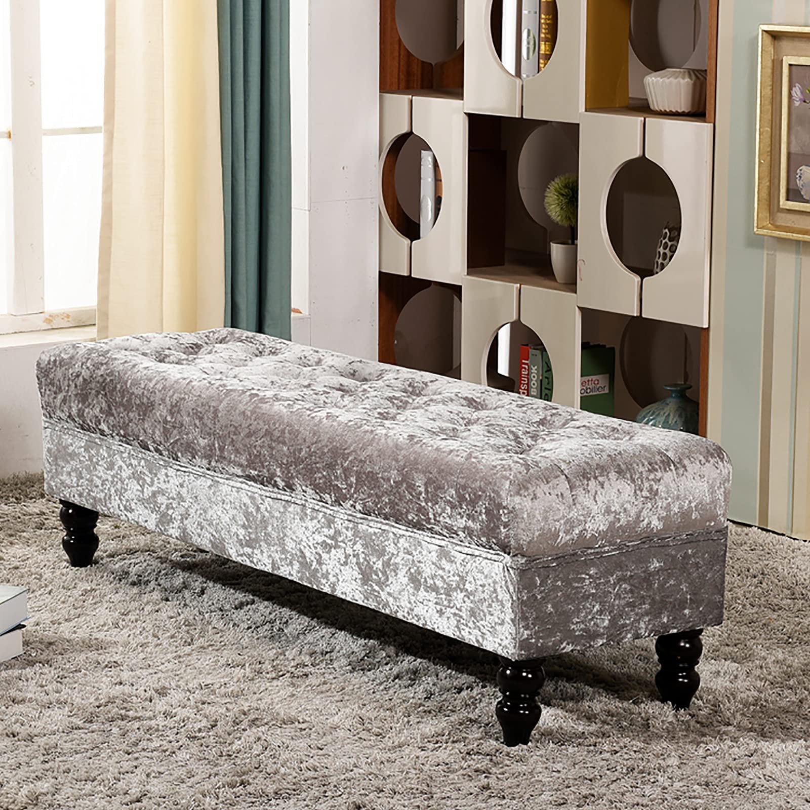 Banc de stockage velours gris 100cm pour entree et bout de lit elegant