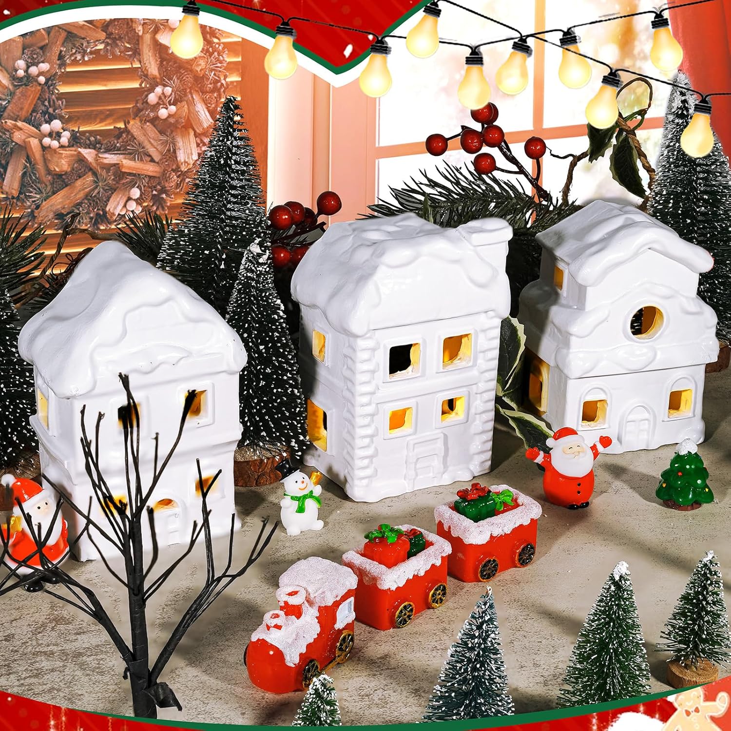 Wowagoga 21 Pcs Ceramic Christmas House Village Sets, 4.3 Inch White Resin Houses, Christmas House Decor Figurines Town with Light-Up - Image 5