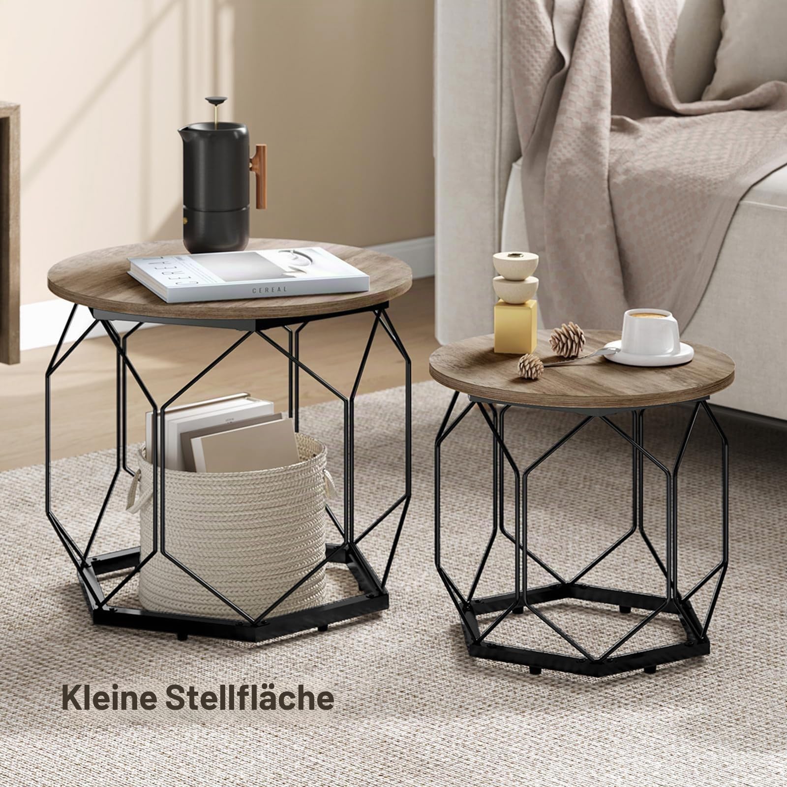 WOLTU Couchtisch 2er Set,Beistelltisch rund,hohlem Metallrahmen | Wohnzimmertisch mit Stauraum,Graue Holzoptik,einfache montage,bis 25 kg,für Wohnzimmer,Schlafzimmer ,Büro