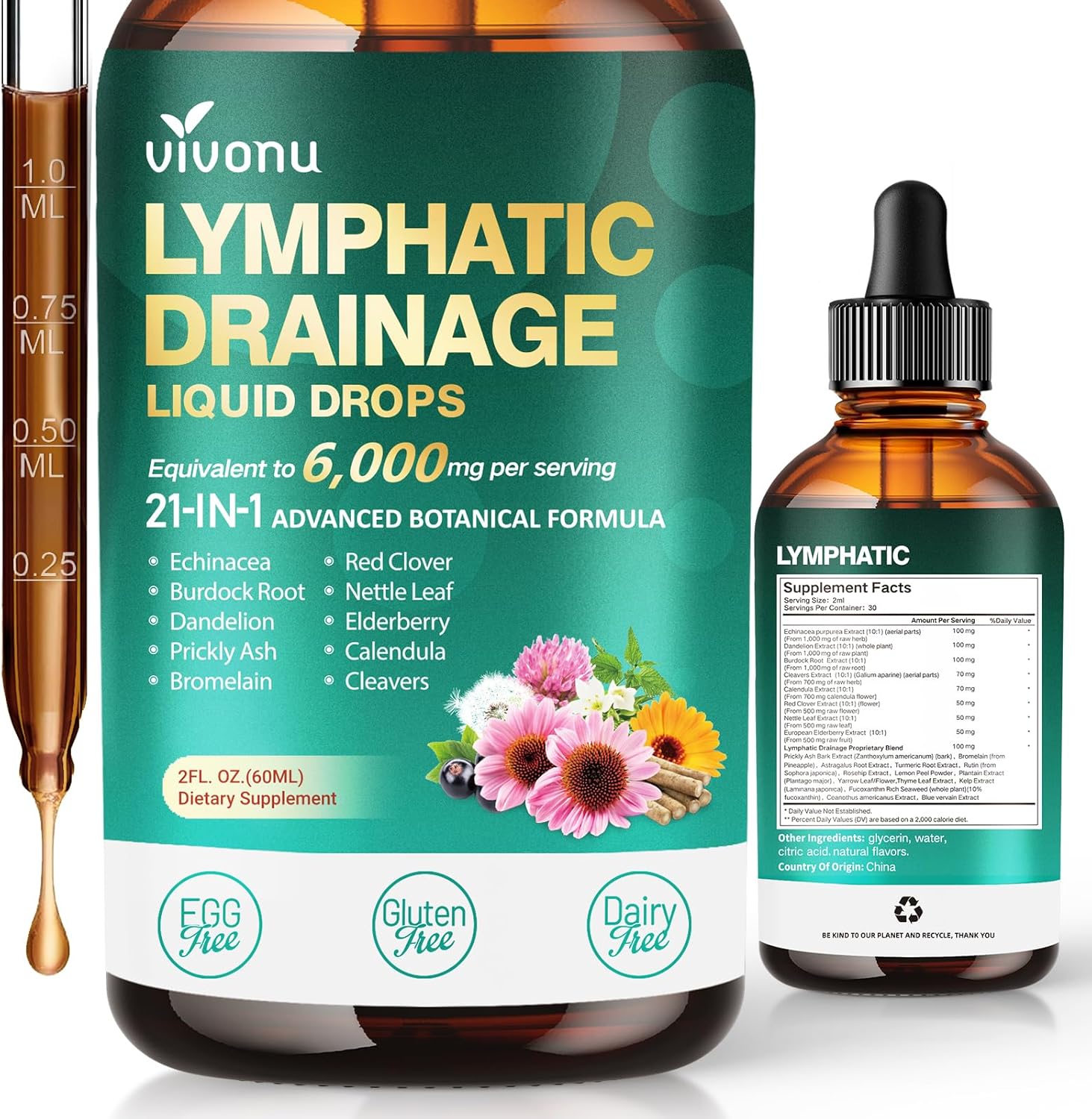 21-in-1 Lymphatic Drainage Drops for Liposomal, 6000mg Immune & Lymph System Support Supplement for Women & Men with Echinacea, Dandelion, Burdock, Bromelain, Calendula, Turmeric & More, 2 FL OZ
