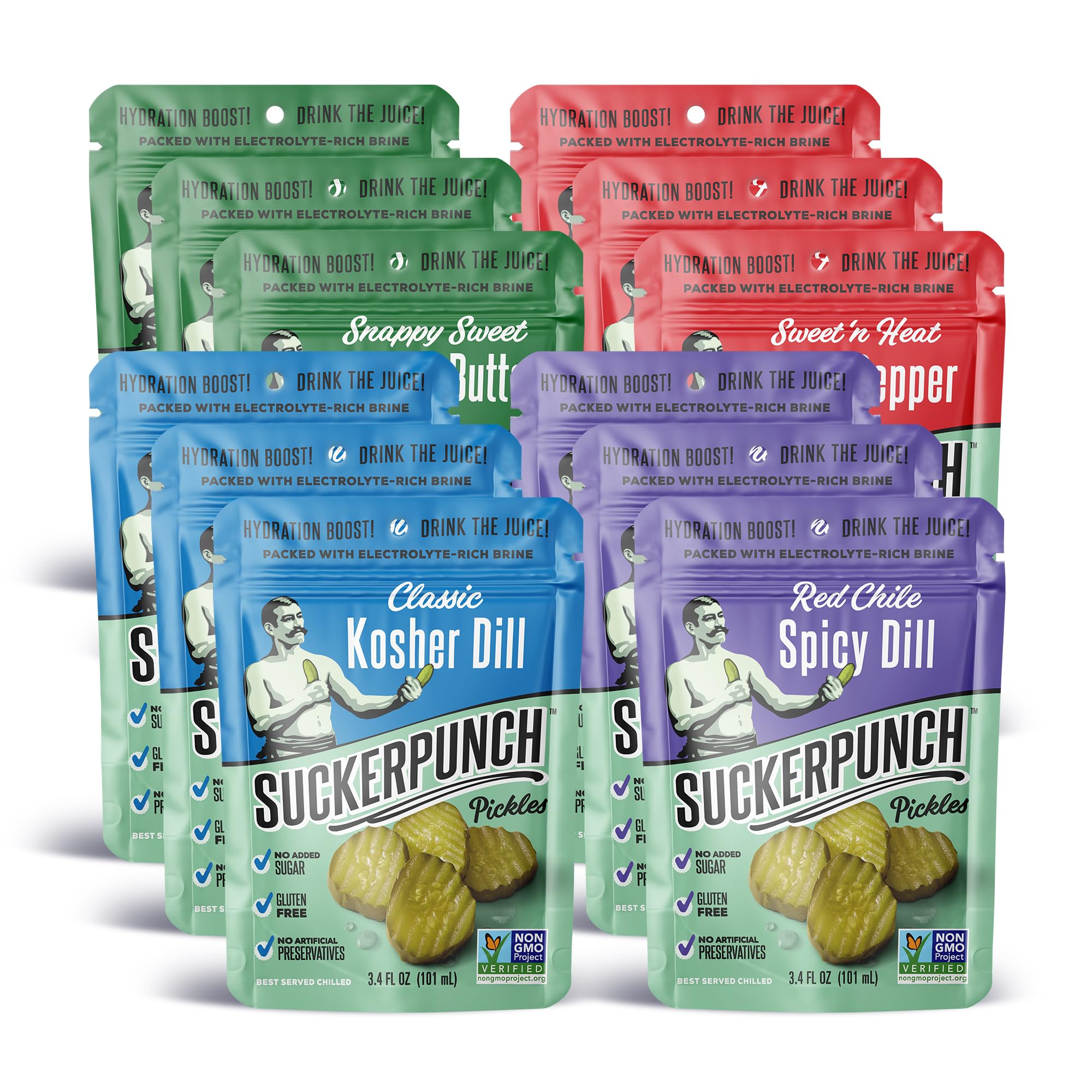 SuckerPunch Pickles in a Pouch, 4-Flavor Variety Pack, 3.4oz Low Calorie