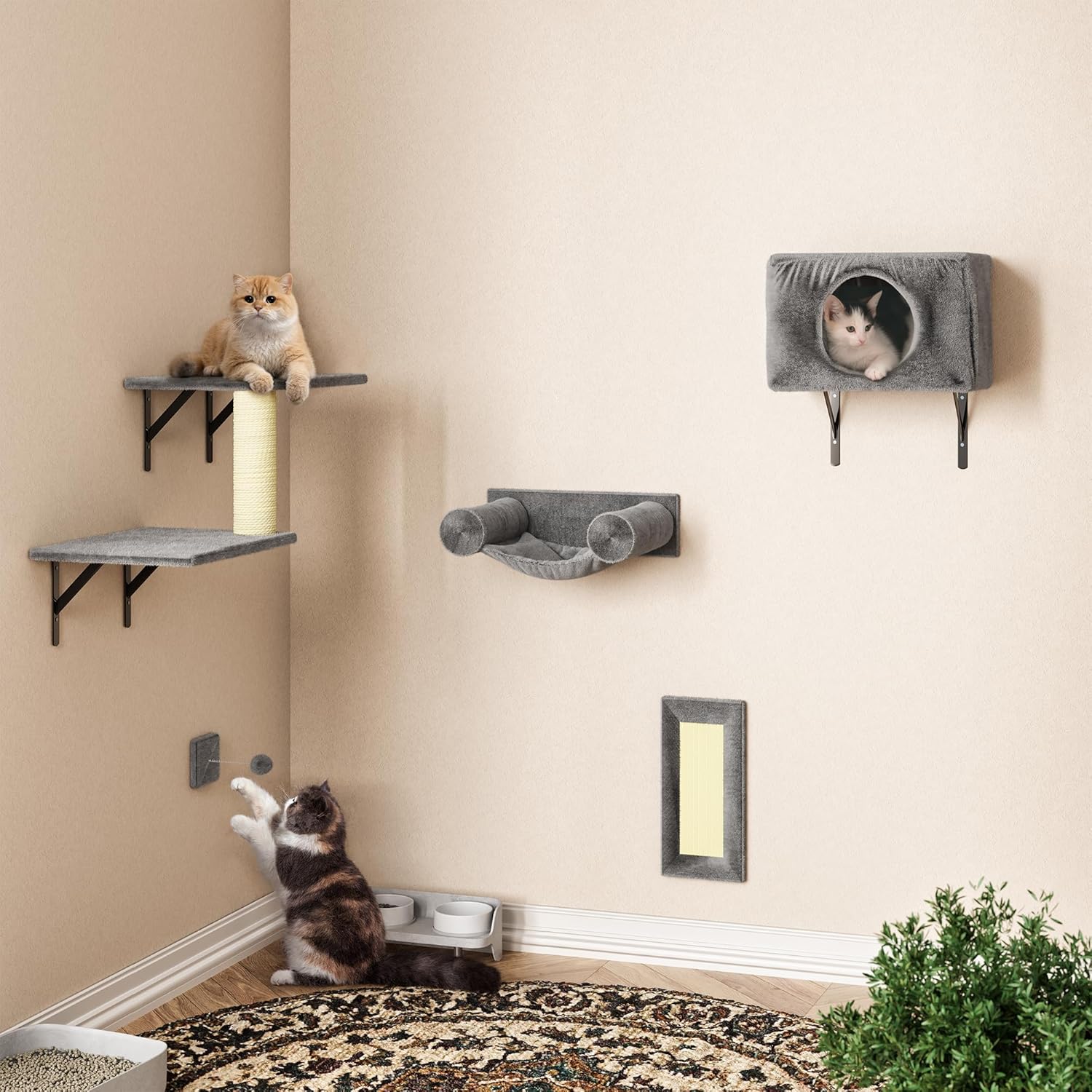NUNU LAB 5-in-1 Cat Wall Shelves, Wall Mounted Cat Furniture Set, Cats Wall Furniture, Wall Cats Climbing, Cat Wall Bed, with Hammock, Shelves, House, Steps, Scratcher (C-KM062)