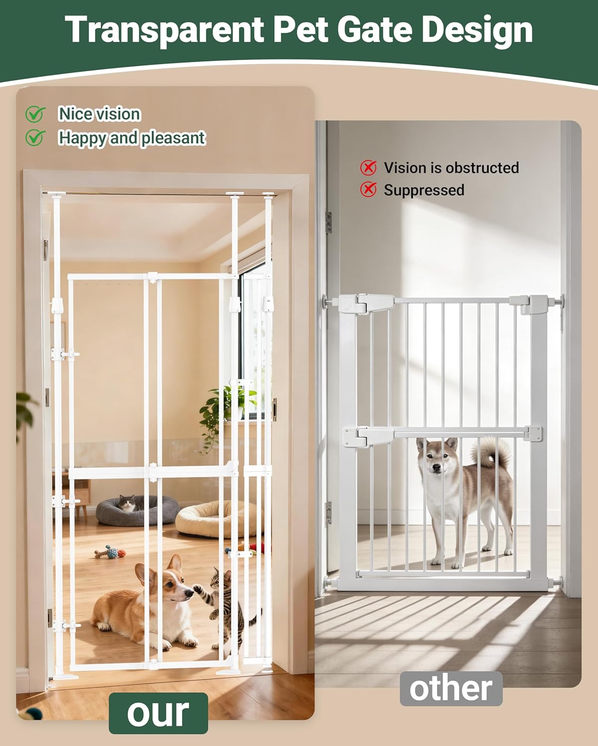 74.80-98.43" Extra Tall Cat Gate for Doorway, Wide Adjustable 20.8"-38" Clear Pet Safety Gate, Auto Close No Drilling Full Door Gate for Stairs, Studio, Kitchen- White