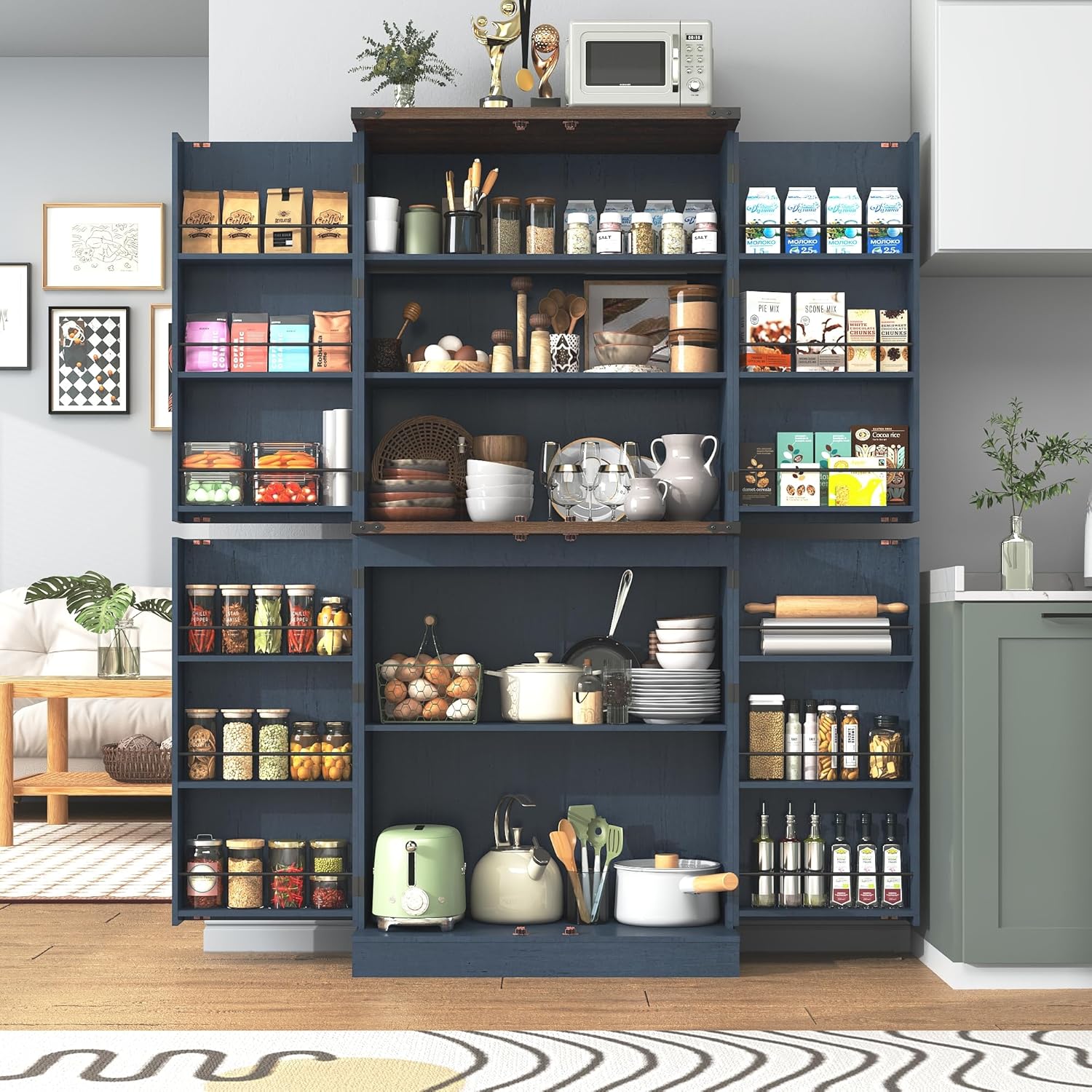 Hlivelood Farmhouse Kitchen Pantry Cabinet, 71" Tall Storage Cabinet with Adjustable Shelves & 4 Barn Doors & Drawer, Rustic Wood Cupboard for Kitchen, Dining Room, Living Room, Blue