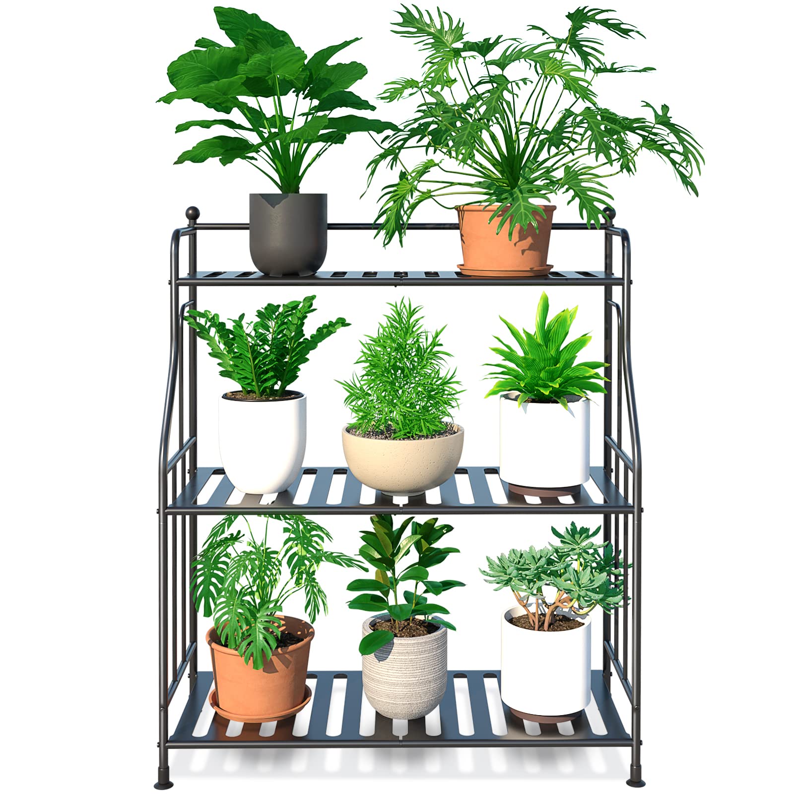 YisanCrafts Metal Plant Stand Indoor Outdoor - 3 Tier Tall Corner Plant Shelf, Vertical Flower Pot Holder Stands for Plants Multiple, Foldable Planter Rack Shelves for Patio, Balcony, Garden, Black