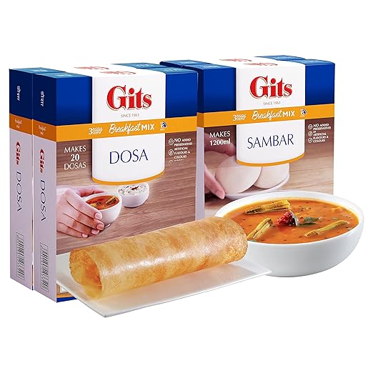 Gits Breakfast Mix Dosa 1000g (Pack of 2 x 500g Each) and Sambhar 200g (Pack of 2 x 100g Each)