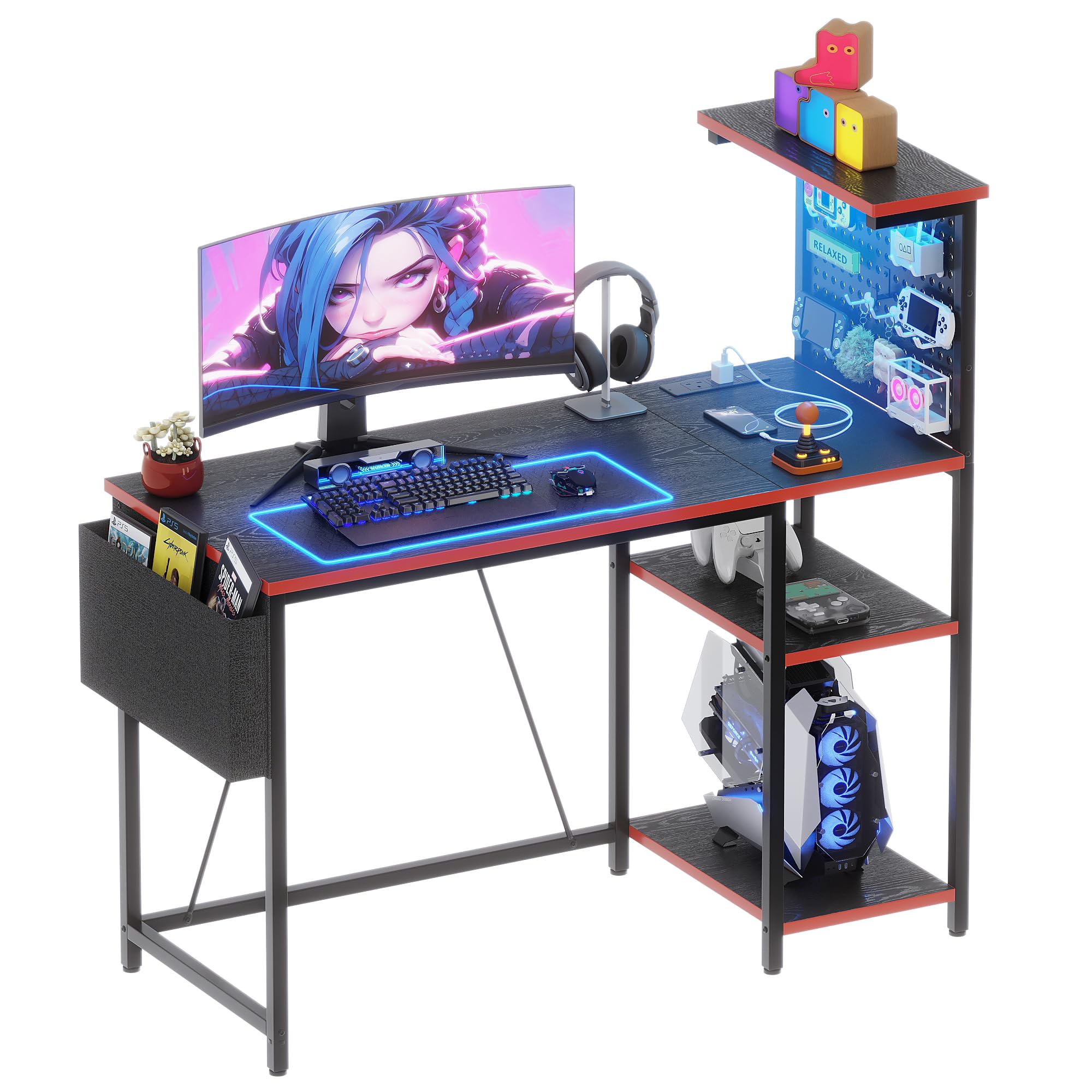 Xyphren Gaming Desk with Pegboard & Power Outlet & LED Light, Small Computer Desk with Reversible Shelves for Corner Home Office Desk, 120 * 50cm, Blcak