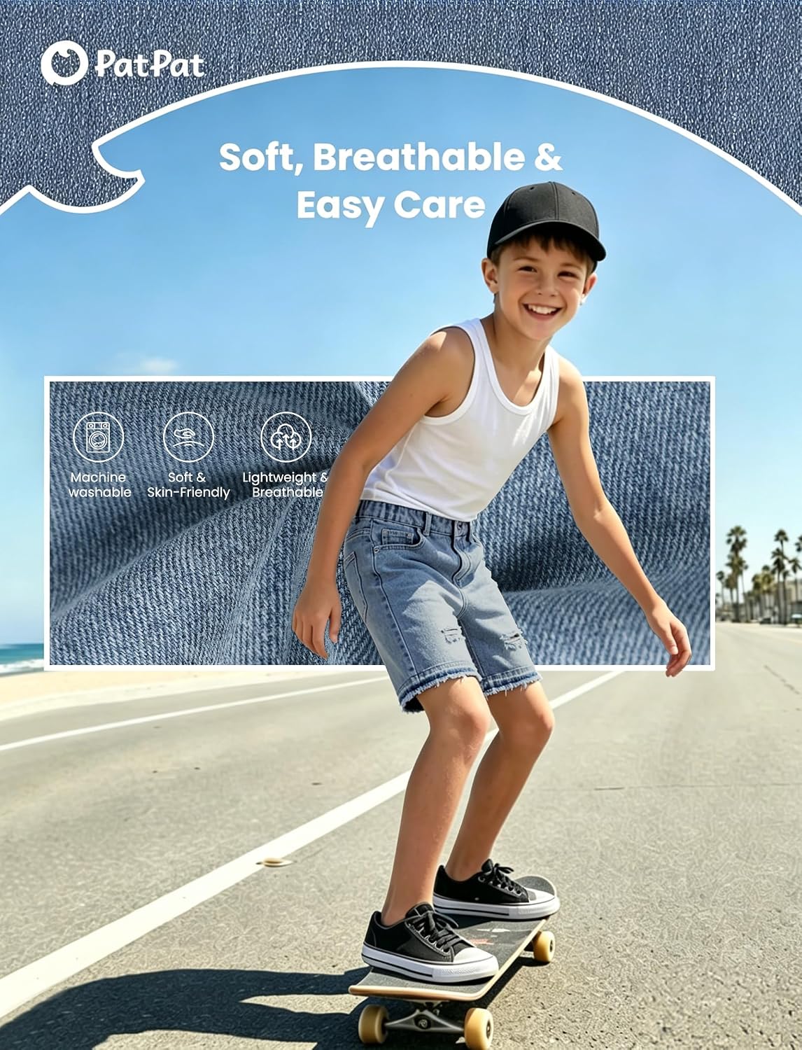 PATPAT Boys Ripped Jean Shorts, Boys Denim Shorts with Elastic Waist, Loose Fit Straight Leg Jean Jorts, 5-14Y