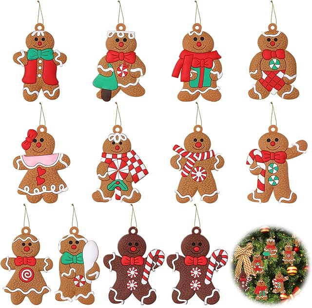 Gingerbread Christmas Decorations - Vaktop 12PCS Christmas Gingerbread Ornaments with Strings, Gingerbread Christmas Hanging Decorations - for Xmas Tree DIY Craft Holiday Party Decorations