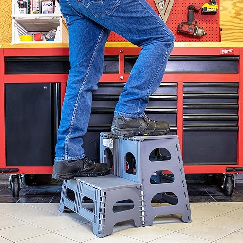 Miniatura 4 de Bee Neat Taburete plegable de 2 escalones para adultos, escalera plegable y plegable para oficina, garaje, armario, baño, taburete antideslizante y