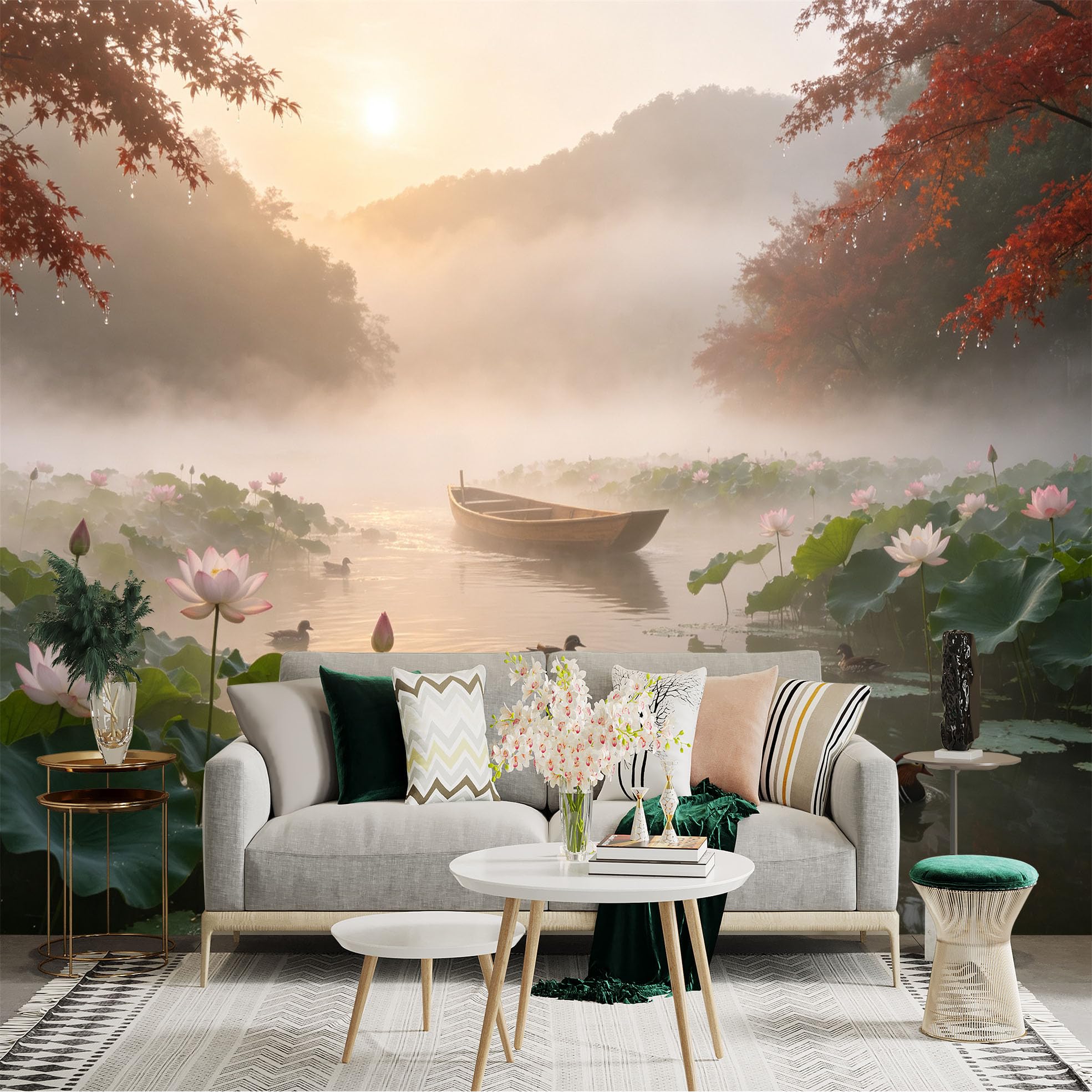 Custom Size Wall Sticker Mural， Misty Lake with Wooden Boat， Blooming Lotus Flowers and Swimming Ducks， for wall Decoration， peelandstick wall Decals.