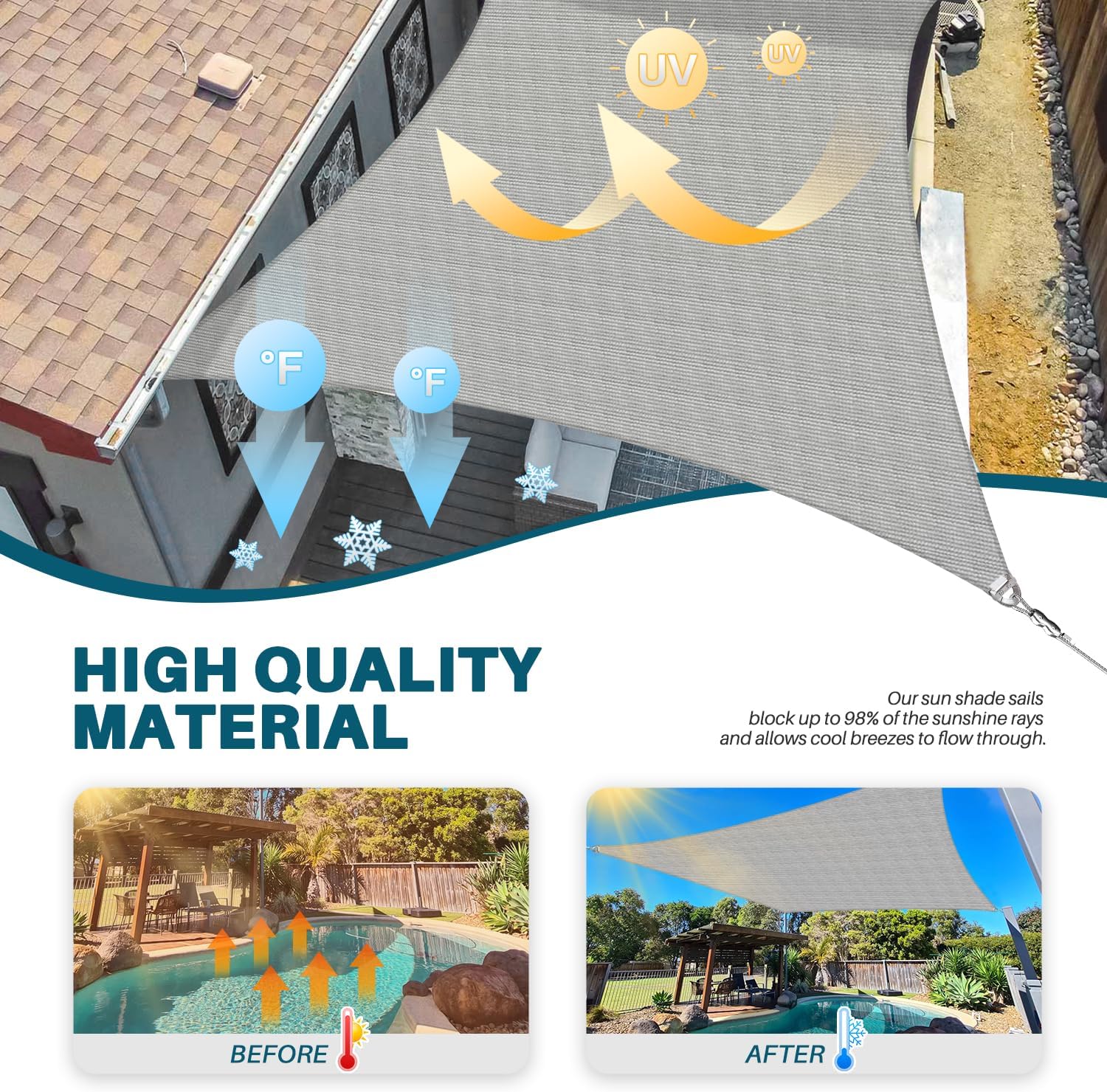 Coarbor 40'x41' Reinforced Wire Sun Shade Sail Rectangle Heavy Duty Strengthen Canopy Cover with A Ring Steel Cable Wire for Patio Pergola Backyard Deck Yard Pool Light Grey