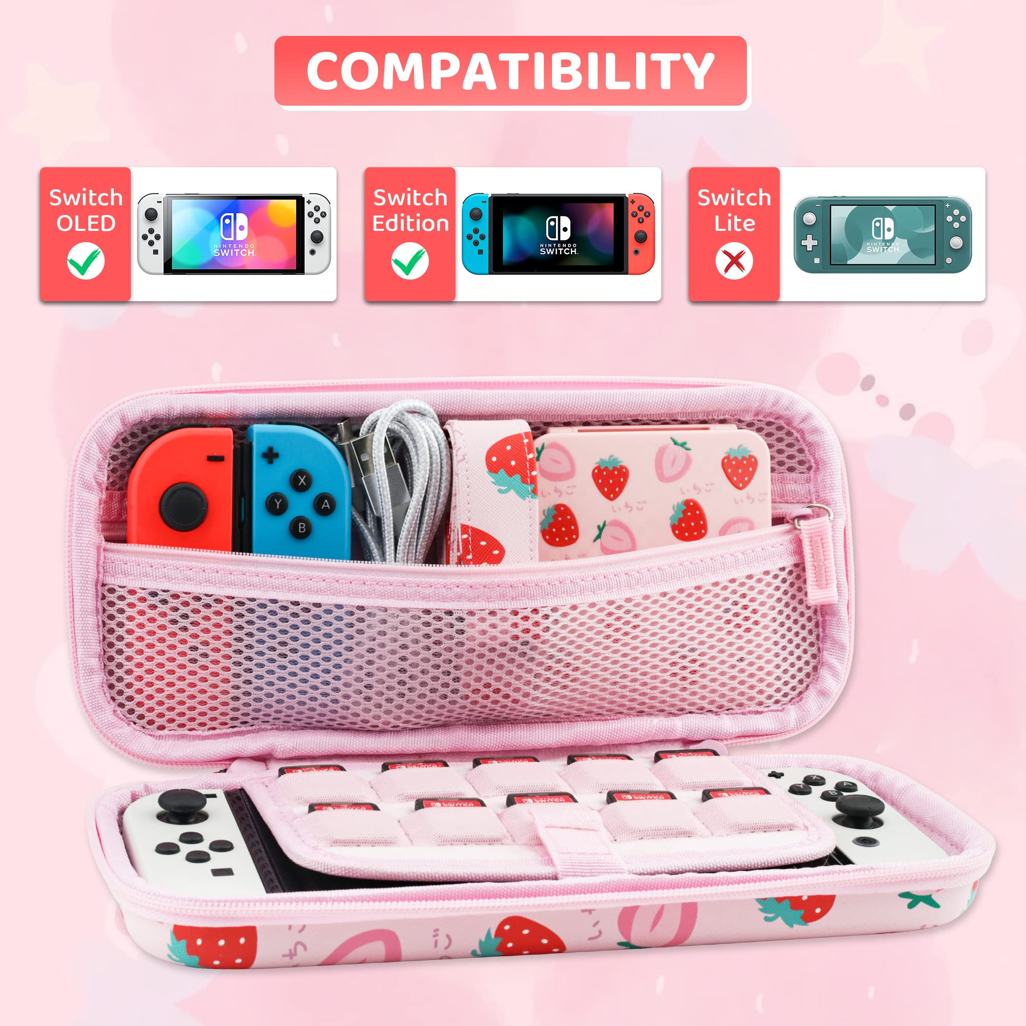 RHOTALL Funda de Transporte para Nintendo Switch & OLED, Funda de Viaje Dura y portátil para Accesorios de Switch con Funda de Juego, 2 Joy con Shell, Correa de Hombro y 2 Tapas de Pulgar, Rosa Fresa