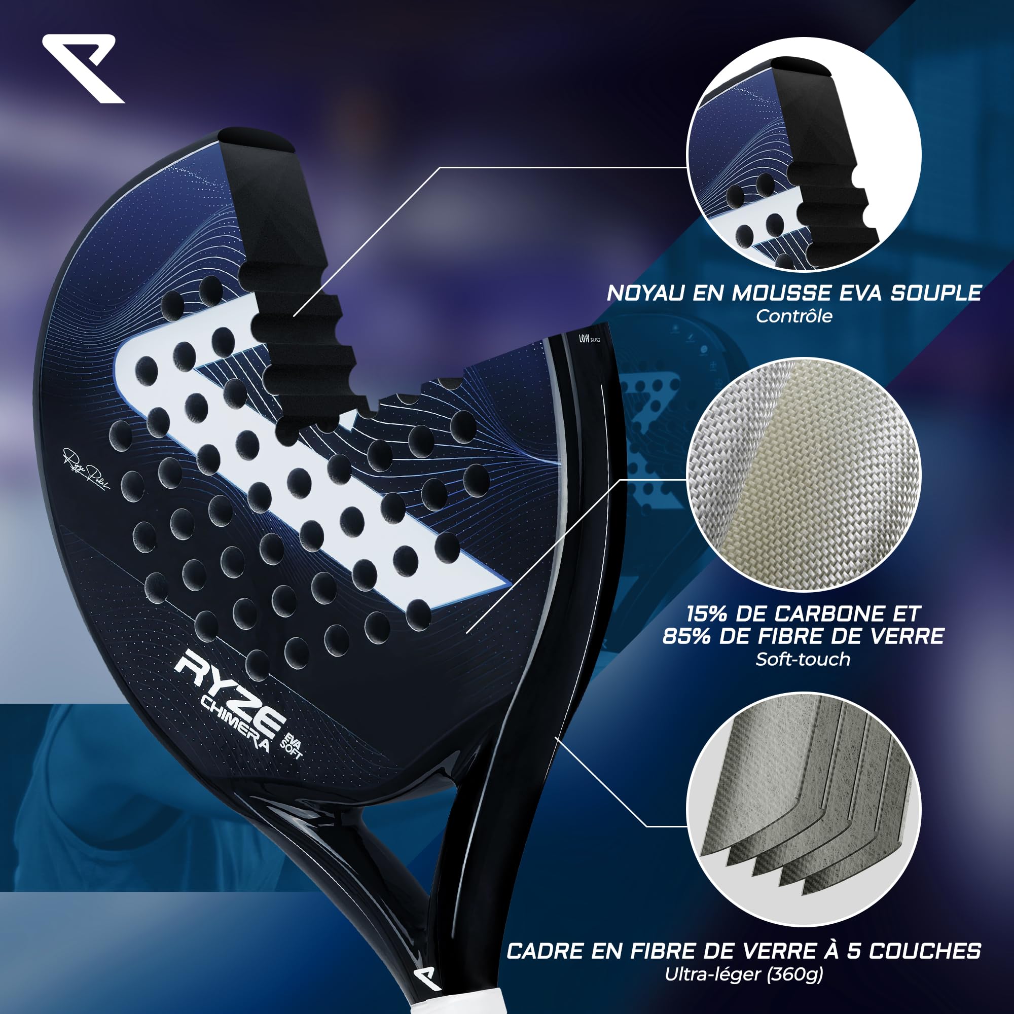 RYZE Chimera Raquette de Padel - Carbone & Fibre de Verre - Contrôle + Précision Maximum - Padel Raquette avec EVA-15 Flex - Structure Légère 360g - Paddle Raquette pour Homme et Femme - Étui Inclus