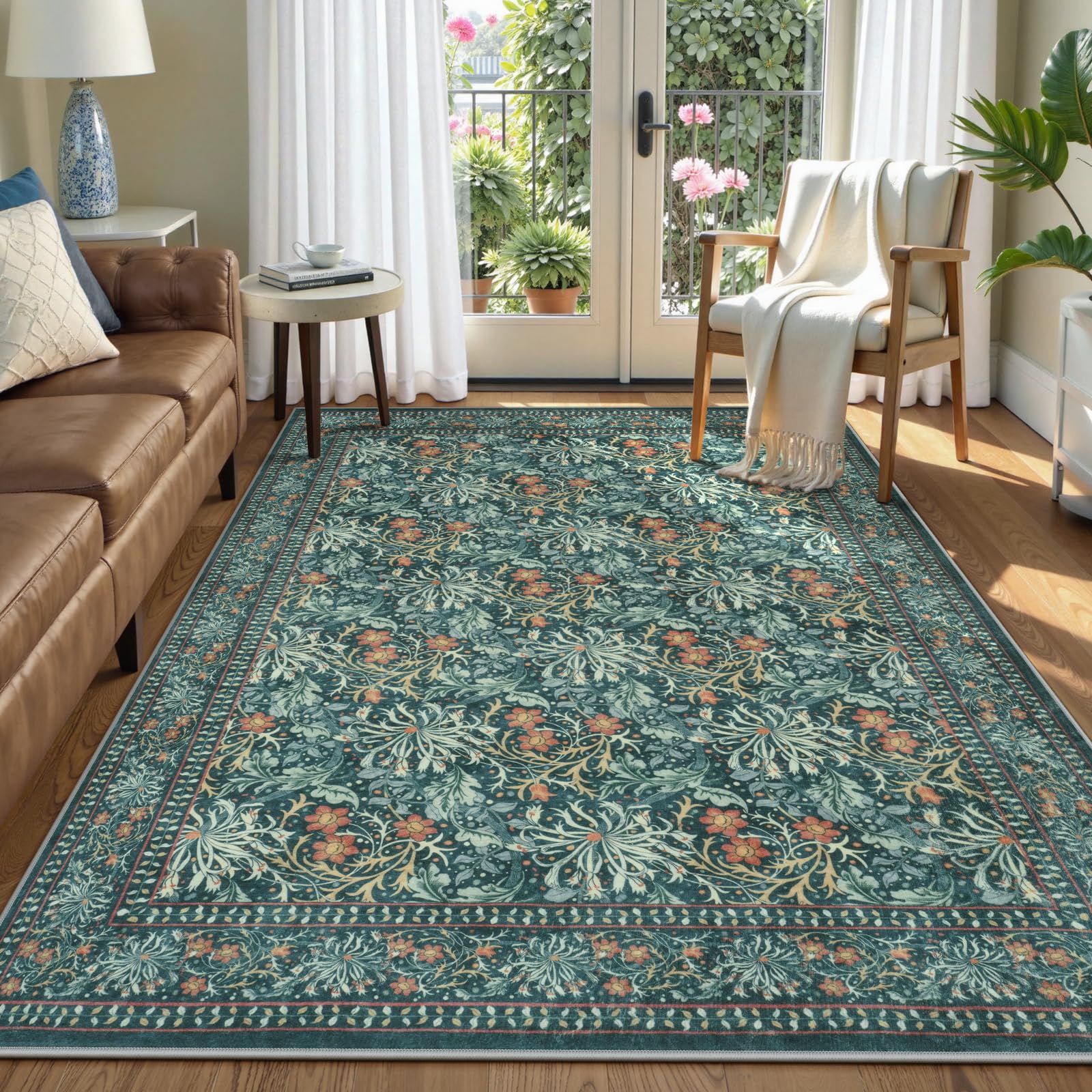 Collive 5x7 Area Rugs for Living Room Bedroom, Washable Boho Vintage Floral William Morris Botanical Rug, Soft Non Slip Low Pile Stain Resistant