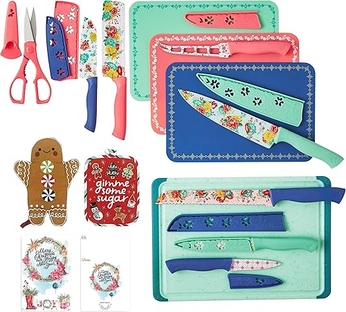 The Pioneer Woman - Juego de cubiertos de 20 piezas para mujer pionera con guante de horno de pan de jengibre de San Nicolás y soporte para ollas