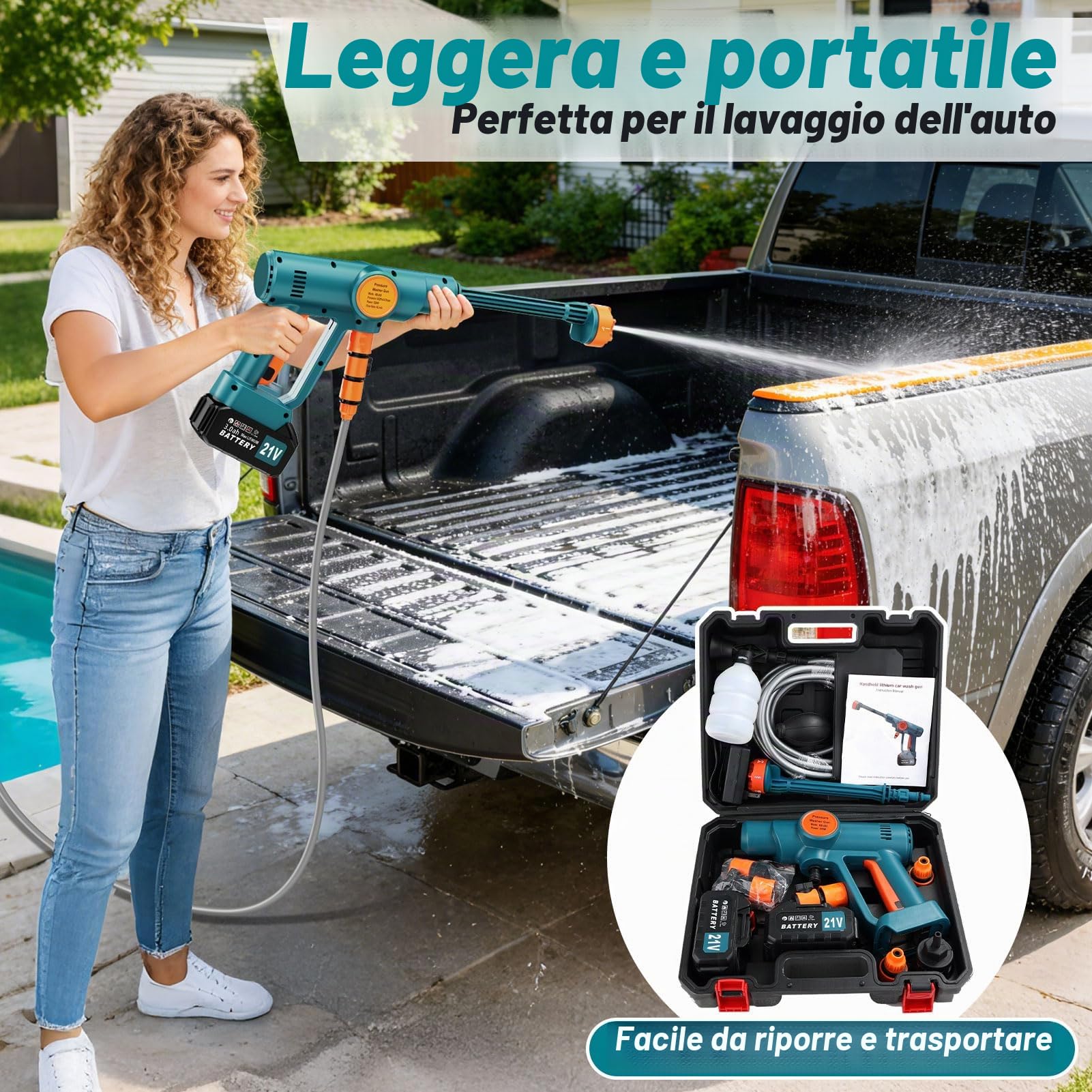 Idropulitrice Portatile a Batteria con Collegamento a Rubinetto Diretto,Idropulitrice Elettrica Portatile Senza Fili con 2×3.0Ah Batteria, Ugello 6 in 1,per Auto, Giardino,Terrazza,Prato e Irrigazione