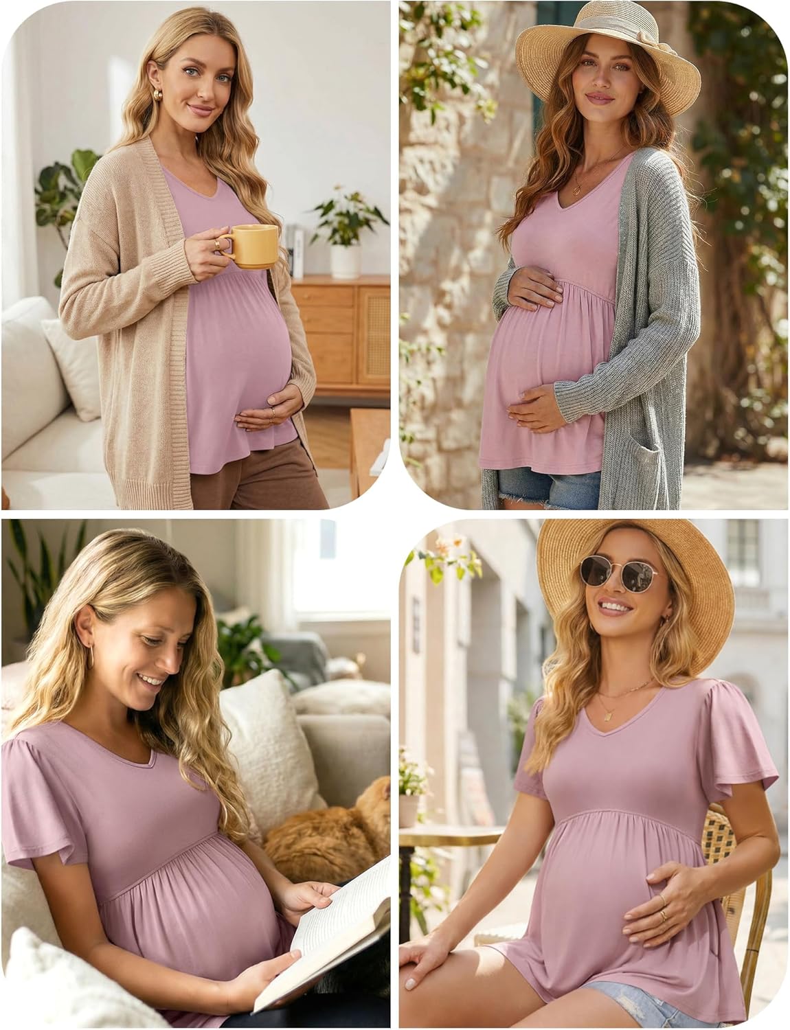 Ekouaer Maternity Shirts 3 Packs Flying Short Sleeve Maternity Tops V Neck T-Shirt Pregnancy Clothes S-XXL - Image 6