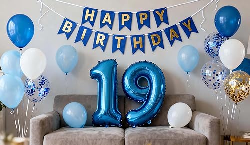 Miniatura 11 de Decoraciones de cumpleaños número 10, color azul para niños y niñas, pancarta de feliz cumpleaños número 10, globos de papel de aluminio de látex