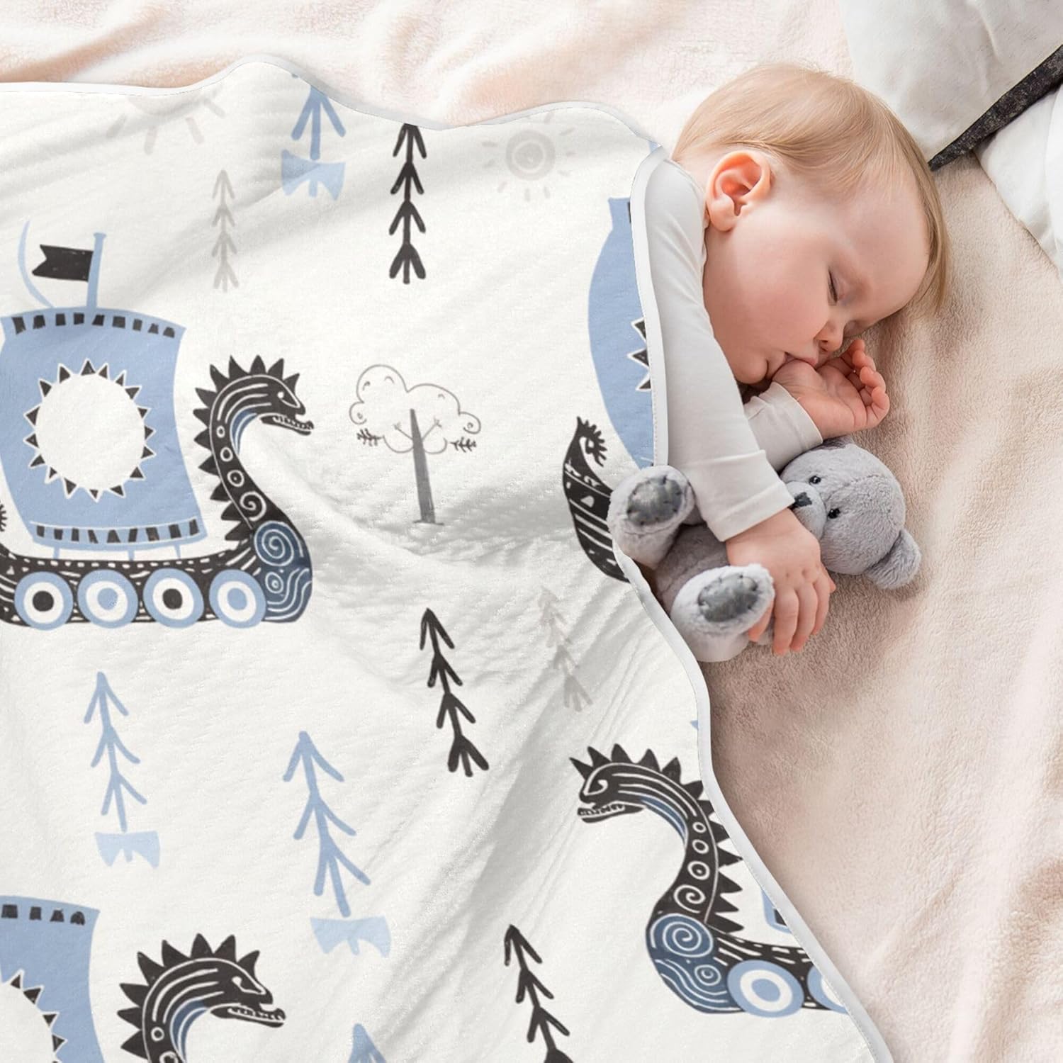 Qilmy Viking Ships Baby Blanket for Boys Girls Kids with Soft Cotton, Cute Cozy Warm Nursery Receiving Swaddle Blanket for Toddler Infant Crib, 30 x 40 Inch