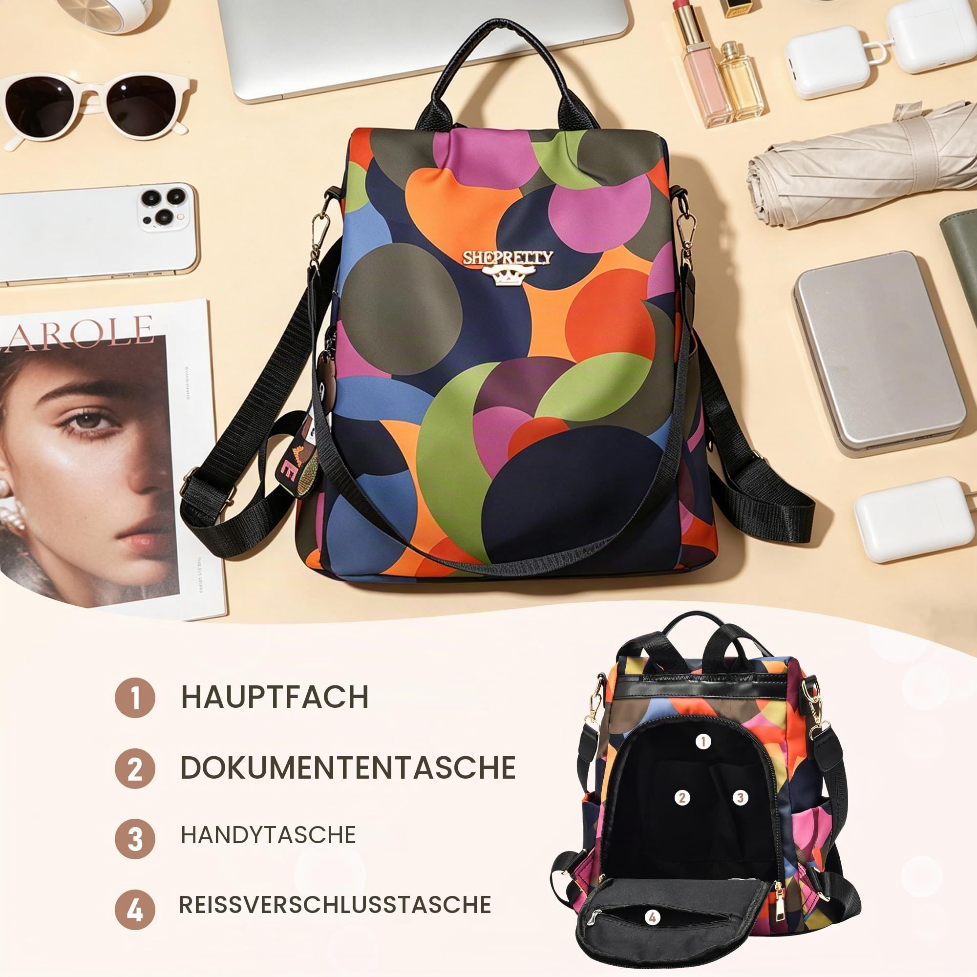 shepretty Damen Rucksack Anti Diebstahl Umhängetasche Multifunktions Schultaschen
