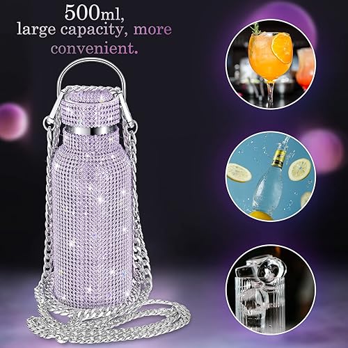 Miniatura 4 de Botella de agua con diamantes de imitación y cadena, de acero inoxidable, térmica, recargable, con aislamiento, para Navidad, Halloween (morado