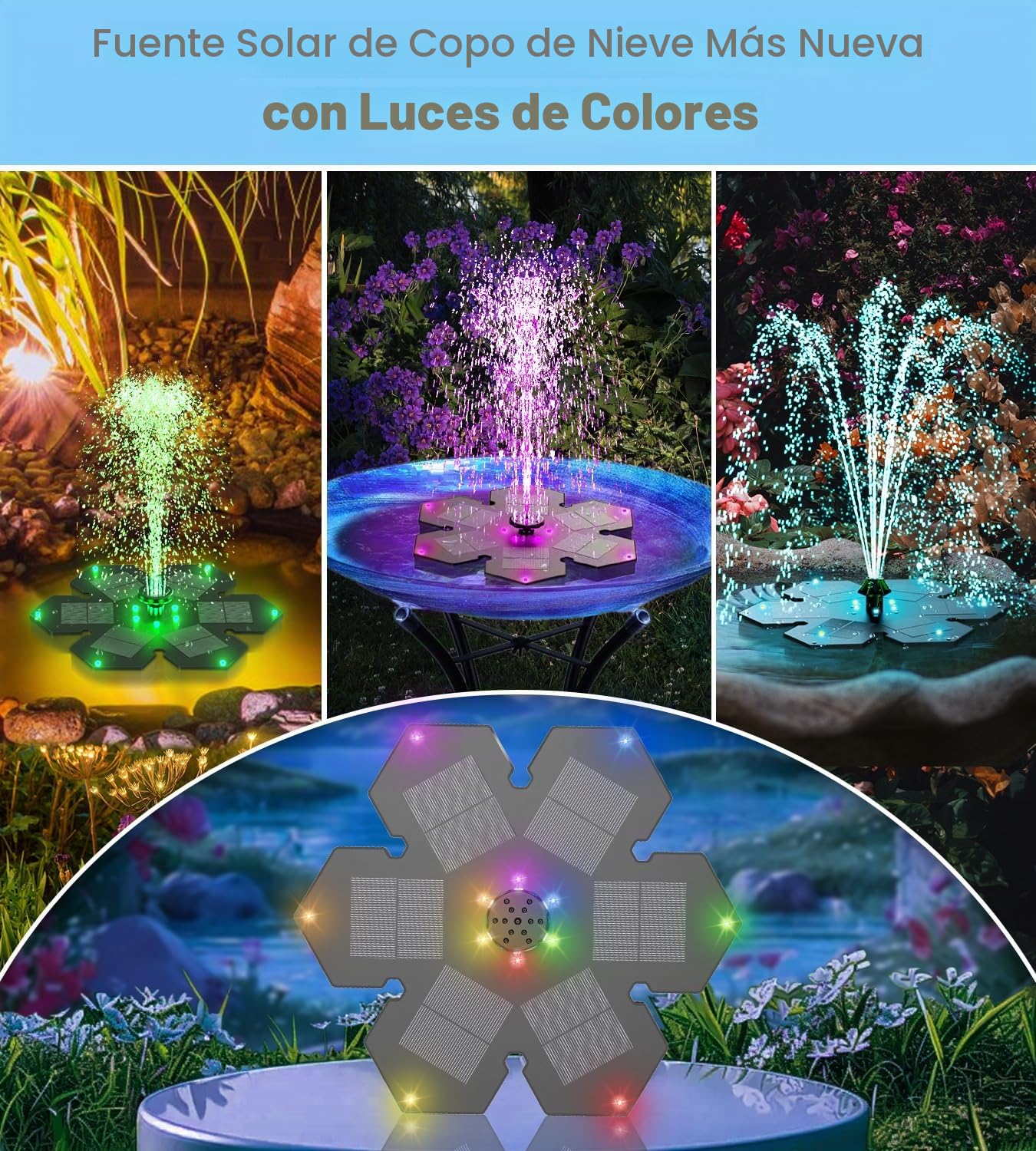 SZMP Fuente Solar con 12 Leds Colorido, 3.5W Bomba de Agua Solar, 2025 Nuevo 2000mAh Baterías con 8 Boquillas & 4 Fijadores para Estanque de Jardín Fuente, Baño de Pájaros, Piscina, Exterior