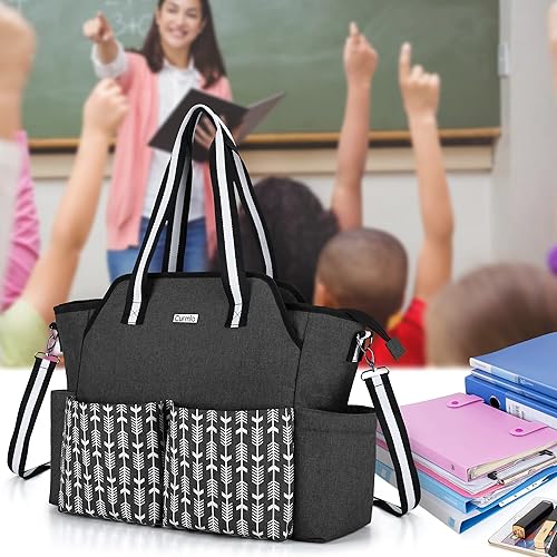 Miniatura 7 de CURMIO Bolsa de trabajo para profesores para mujer, bolsa de mano portátil para profesores con funda acolchada para laptop, negro con flecha (solo