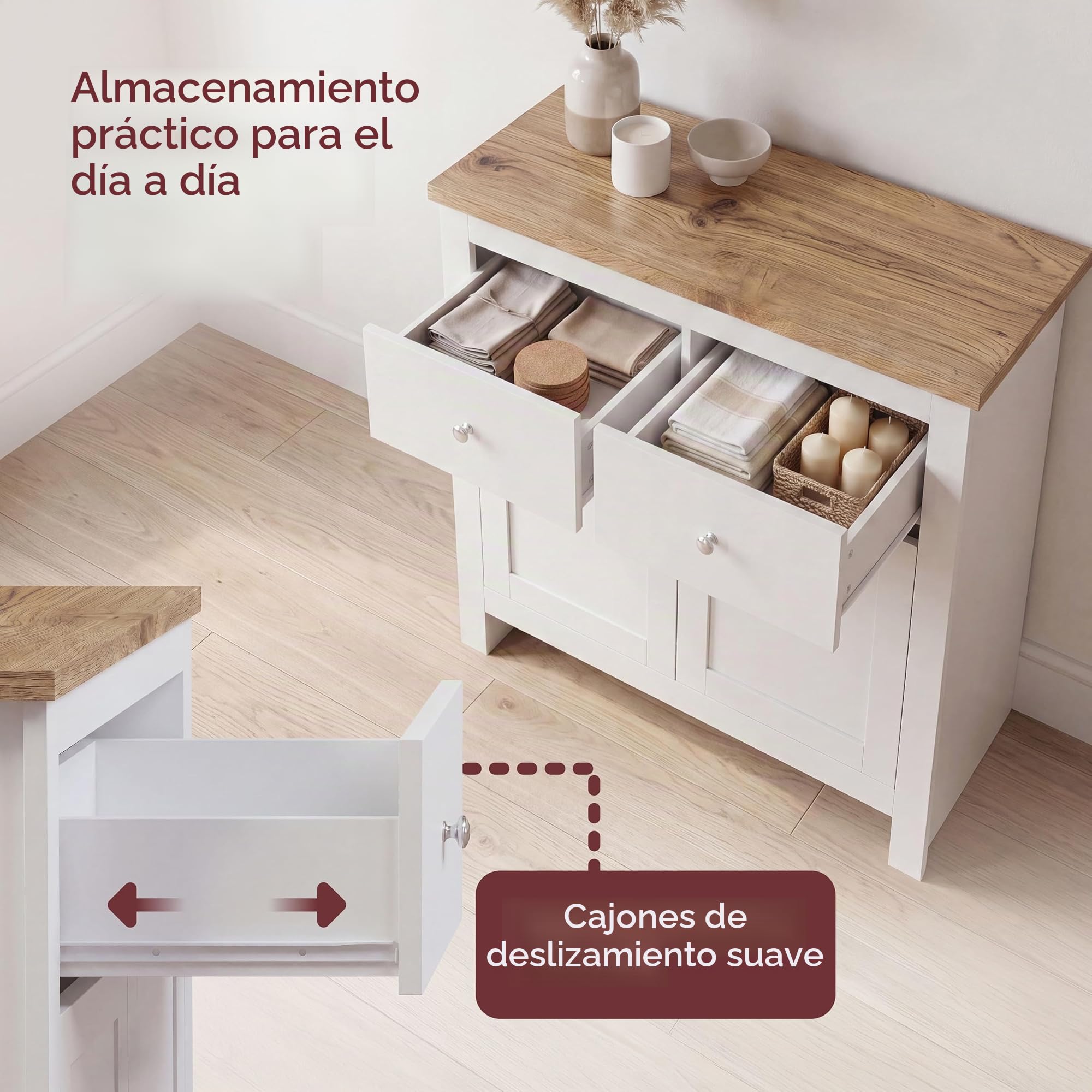 Marca Amazon - Vida Designs Aparador Arlington con 2 cajones y 2 Puertas, Madera de ingeniería, Blanco y Roble, H 80 x W 79 x D 35 Cm
