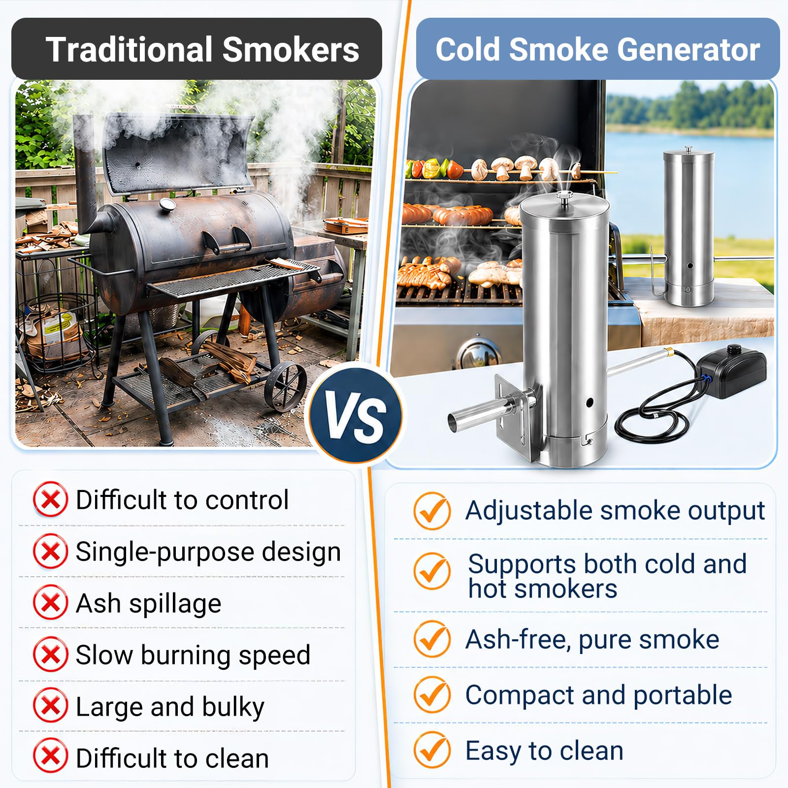 Kaltrauchgenerator aus Edelstahl mit Pumpe, Rauchgenerator für Räucherofen Smoker, Raucherzeuger zum Kalträuchern von Fisch Fleisch Käse, verstellbare Rauchintensität 1,1 L Holzspäne 3–4 h Dauerrauch