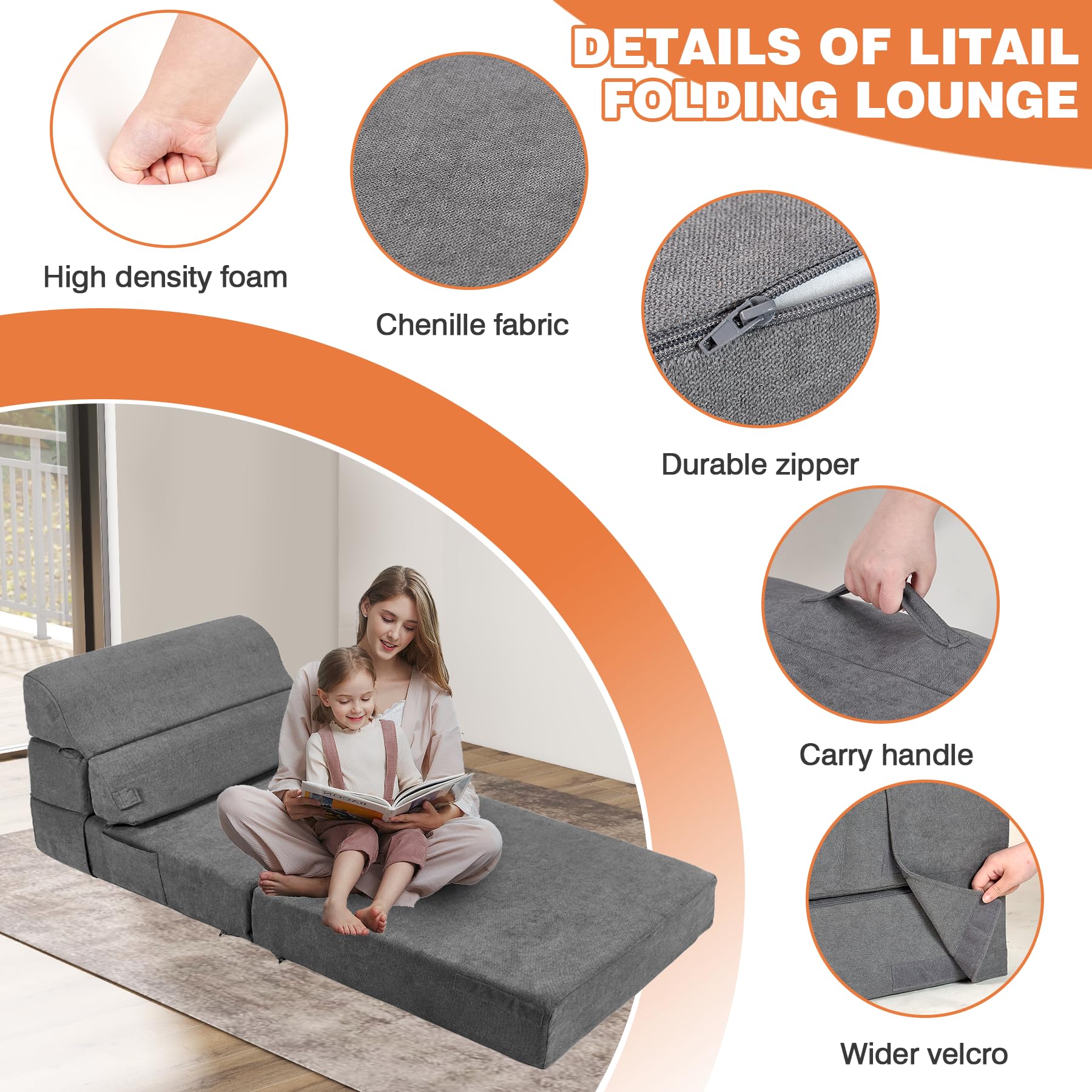 Cómodo sofá cama plegable – Sofá cama convertible gris plegable para sala de estar, dormitorio, invitados, silla plegable de suelo, colchón tumbona con respaldo para viajes, camping 5