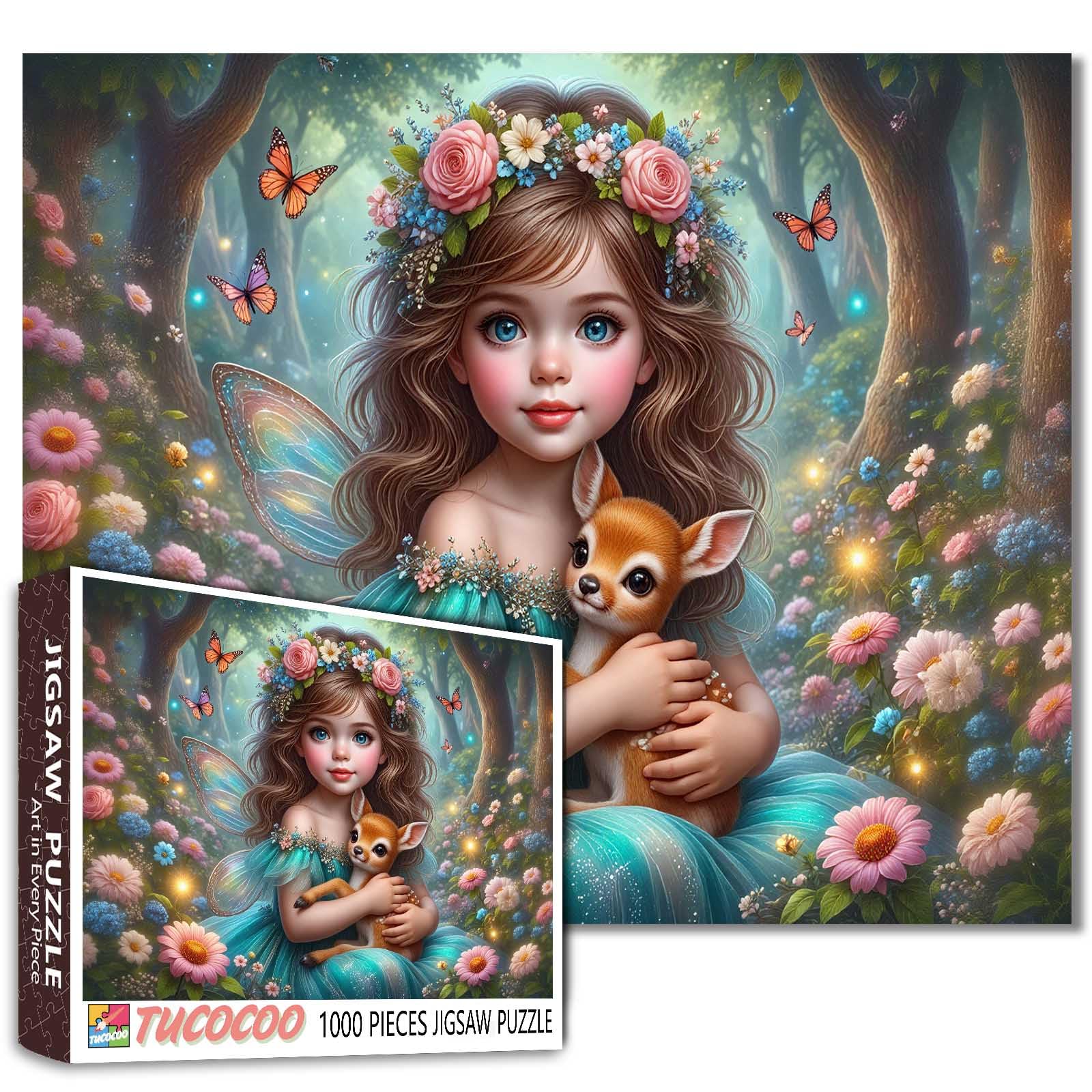 Tucocoo Enchanted Forest 1000 Piece Puzzle for Adults, Magical Fairy Girl and Fawn, Woodland Fantasy Scene Puzzles, Challenging Jigsaw for Relaxation, DIY Art Puzzle Gift Home Decor (20"x27")