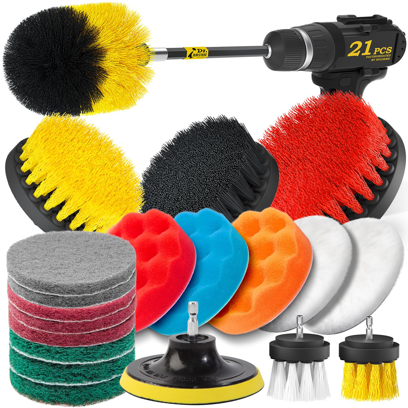 Holikme21Piece Drill Brush Attachments Set, Scrub Pads & Sponge, Buffing Pads, Power Scrubber Brush with Extend Long Attachment, Car Polishing Pad Kit,Cleaning Supplies，Shower Scrub，Cleaning Brush