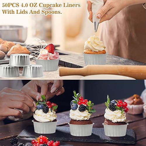 Miniatura 7 de BAKINGPAK Moldes desechables con tapas, 50 moldes de aluminio de 4 onzas con tapas, mini moldes para tartas, tazas de aluminio para hornear con