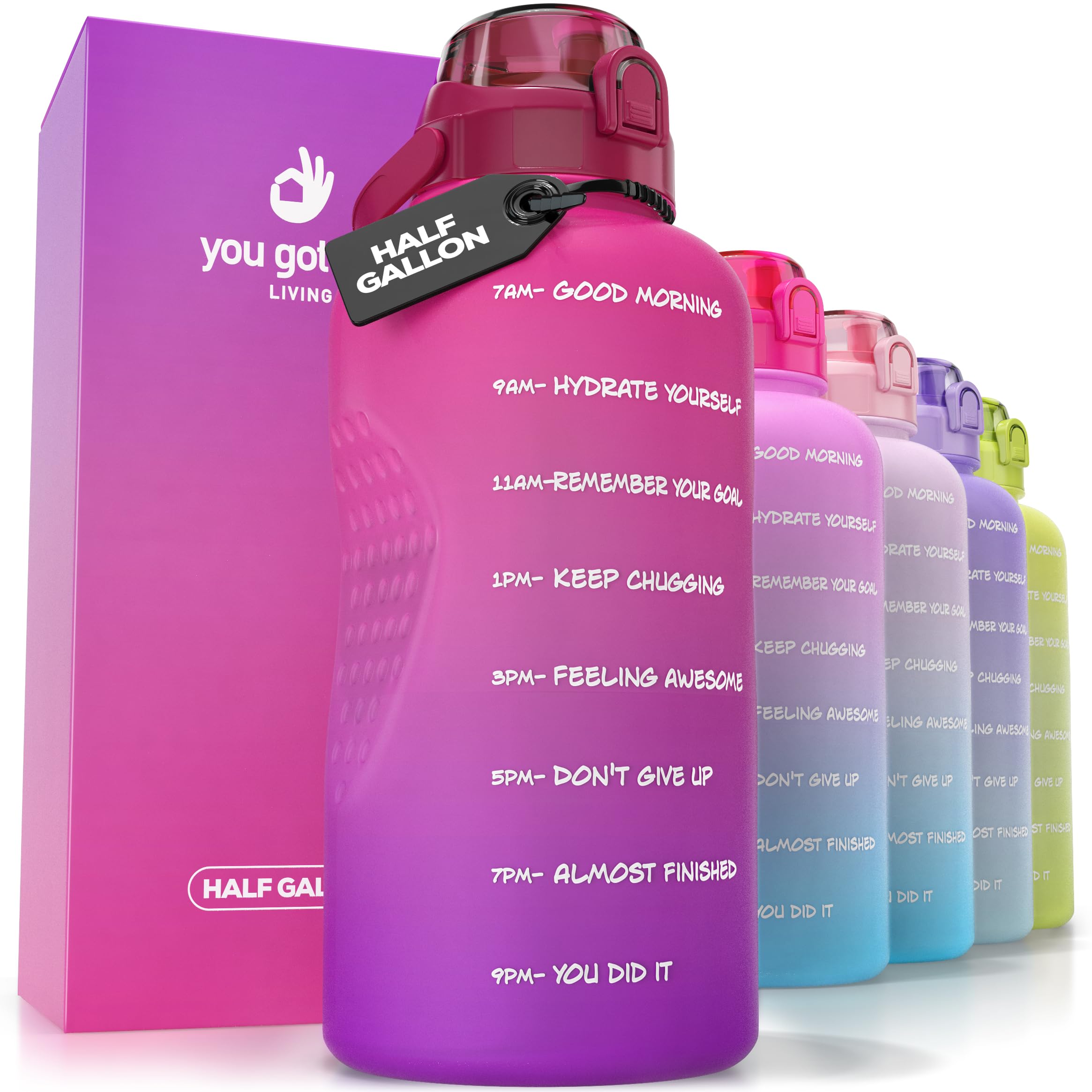 Motivational Hydro Water Bottle, 64 oz/2.2L, Flask Water Bottle Hourly Time Marker, Leak Proof BPA FREE Bottle with Straw, Shatterproof,Measurable goals to achieve hydration objective Stylish Hues