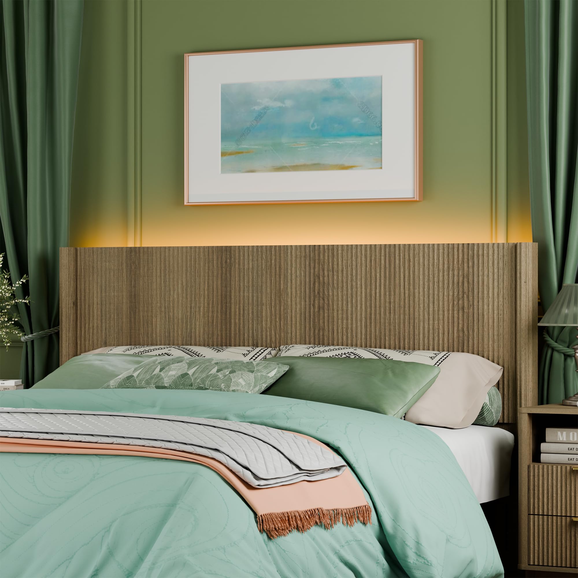 King Size Headboard Only, Modern Fluted Wall-Mounted Head Board with Lighting, Boho Wood Bed headboard Stylish Bedroom Decor, Natural