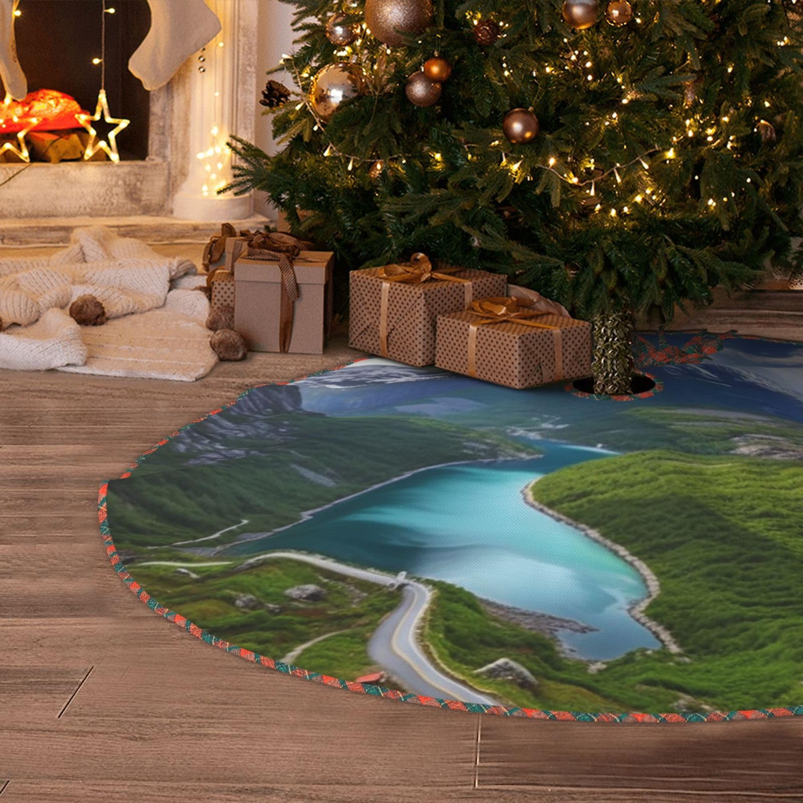 Norwegian Fjords Christmas Tree Skirt 30" Artificial Tree Mat Cover Merry Christmas Burlap Xmas Tree Skirt for Christmas Decoration Holiday Indoor Outdoor Winter Party Decor