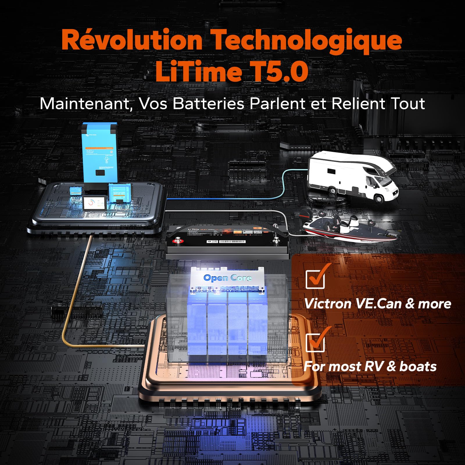 LiTime Batterie Lithium LiFePO4 12V 100Ah Bluetooth Compatible avec Victron Système pour Camping-Car, Communication CAN/RS485, 4000-15000 Cycles Profonds, Parfait pour Système Solaire, Hors Réseau