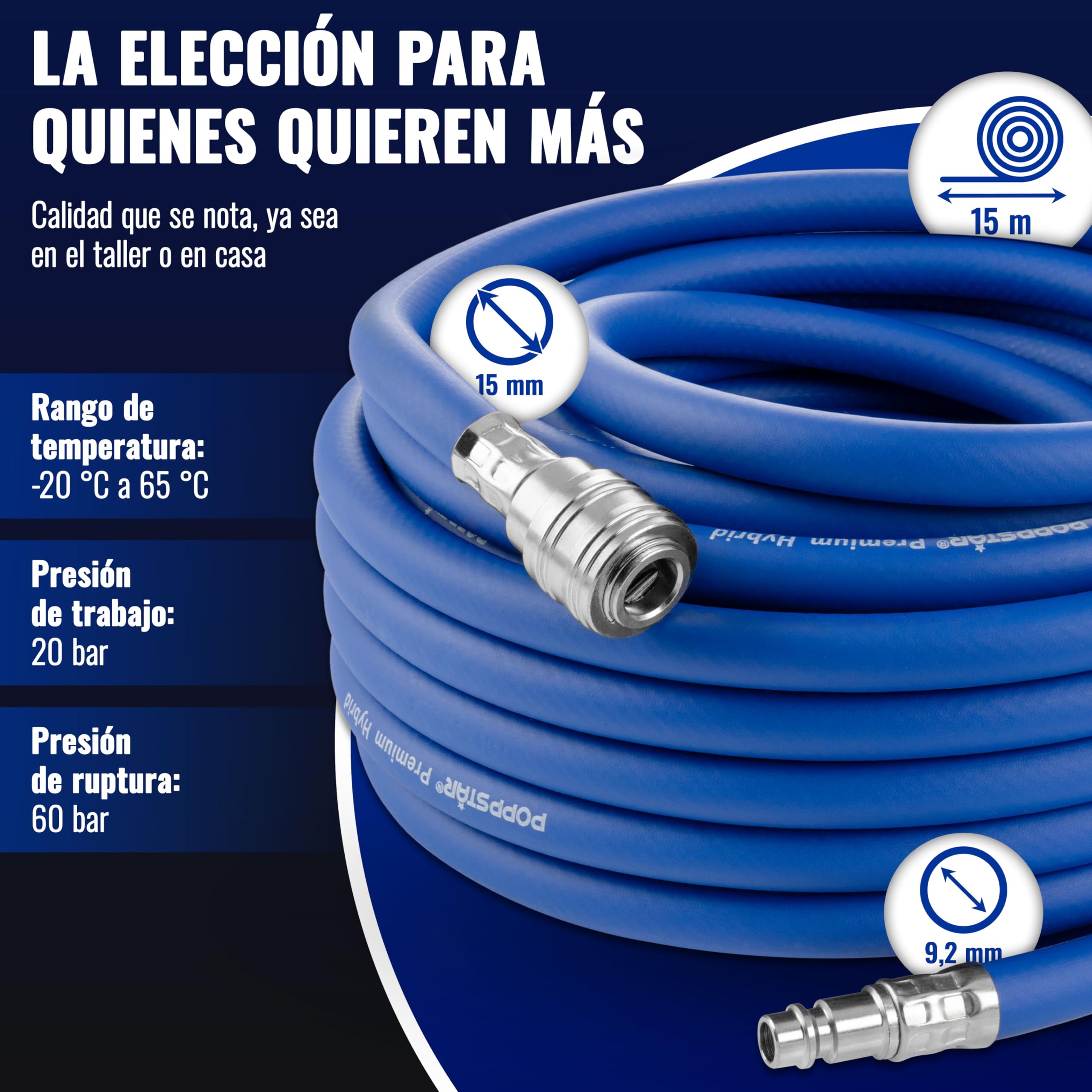 Poppstar Manguera para aire comprimido 15m PVC híbrido 9,2mm 20 bar azul