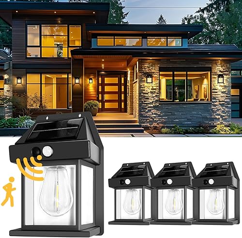 pearlstar Luces solares de pared para exteriores, lámpara de porche del atardecer al amanecer, linterna solar de pared con 3 modos y sensor de
