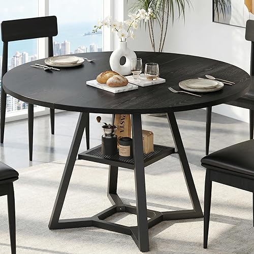 Round Dining Table for 4-6 with Storage Shelf, Kitchen & Dining Room Circle Pedestal Table, Heavy Duty Metal Frame & Wood Top
