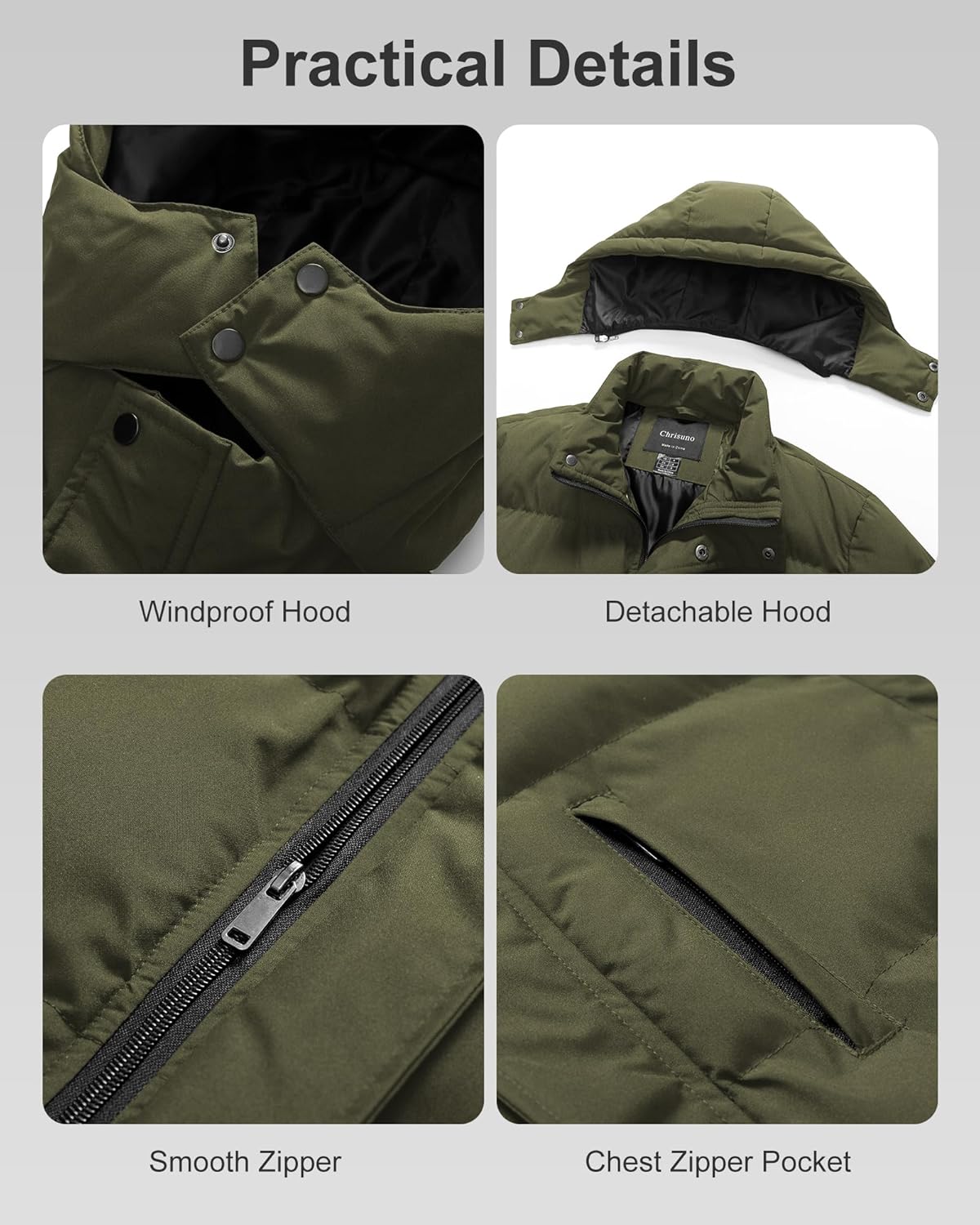 Chrisuno Men's Winter Coat Waterproof Warm Puffer Jacket Quilted Insulated Bubble Jackets with Hood - Image 6